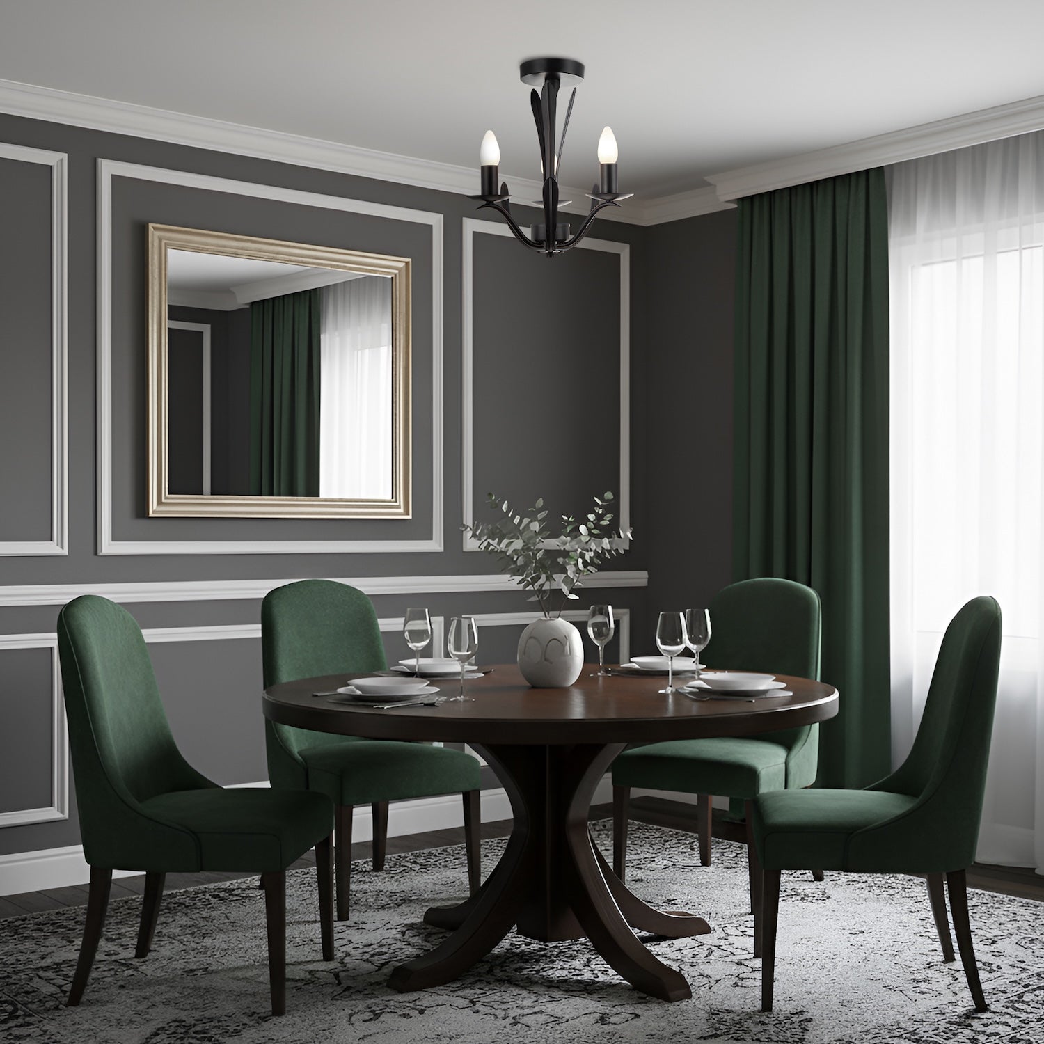 Traditional 3-Arm Ceiling Light in Matte Black with Metal Leaves Image 6