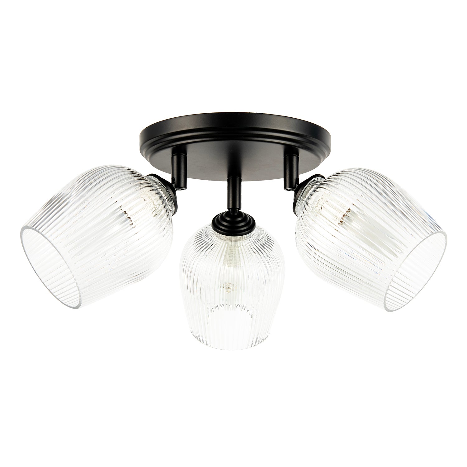 Matte Black Triple Spot Ceiling Light with Clear Ribbed Glass Shades Image 1