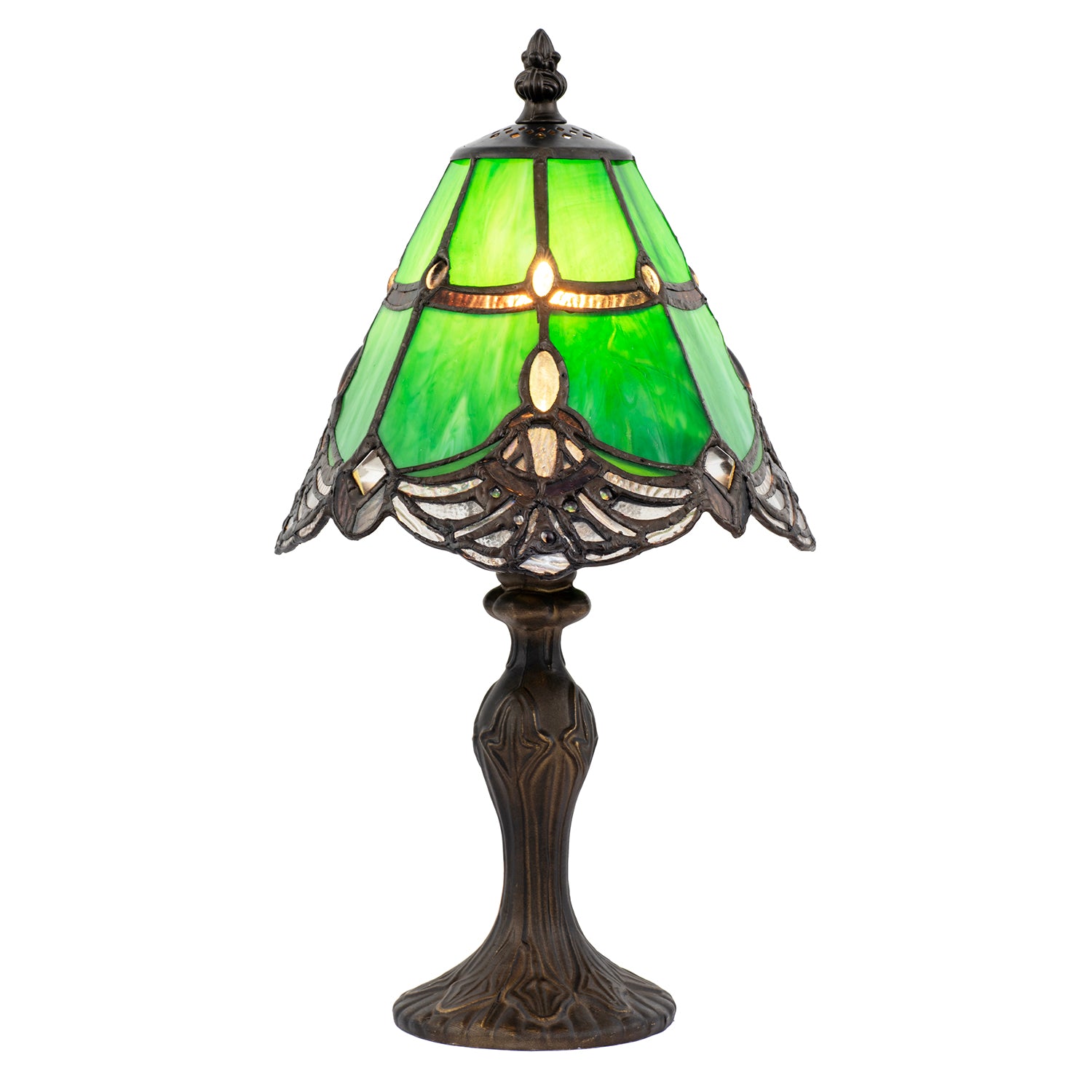 Quirky and Petite Green Stained Glass Tiffany Lamp with Clear Beads Image 2