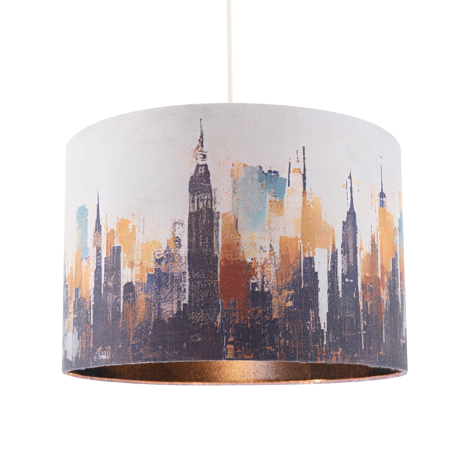 Grunge Style City Scape Cotton Fabric Lamp Shade in Black and Orange Image 2