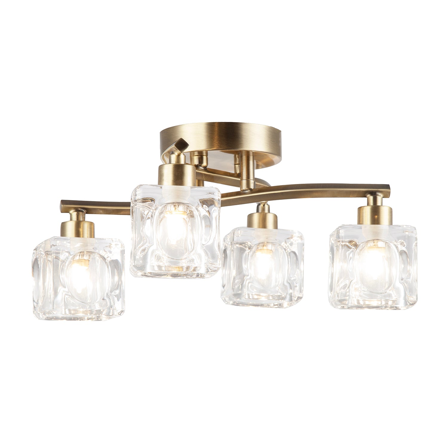 Modern Antique Brass 4-Bulb Ceiling Light with Square Clear Ice Cube Shades Image 1
