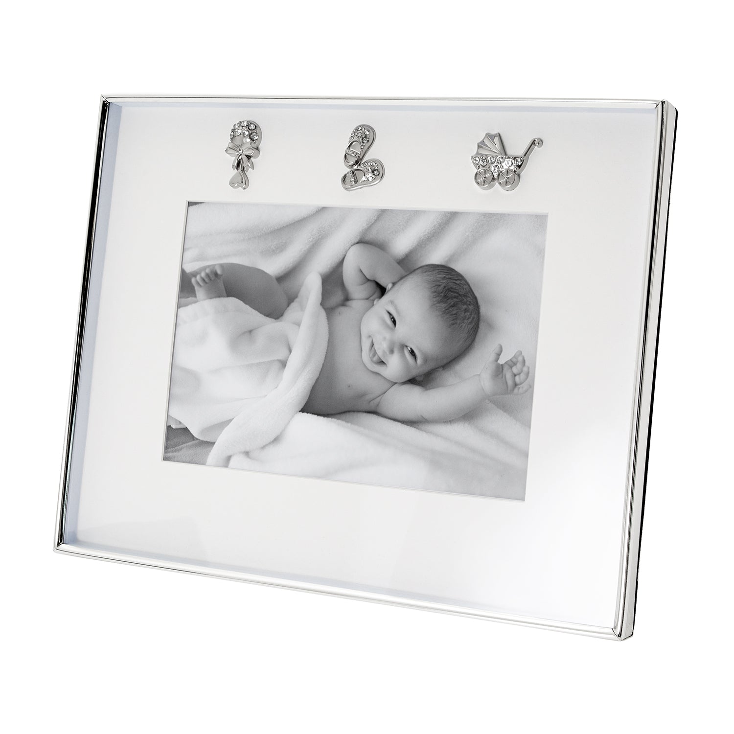 Modern Baby Picture Frame in Silver Plating with Pram Booties and Rattle Icons Image 1