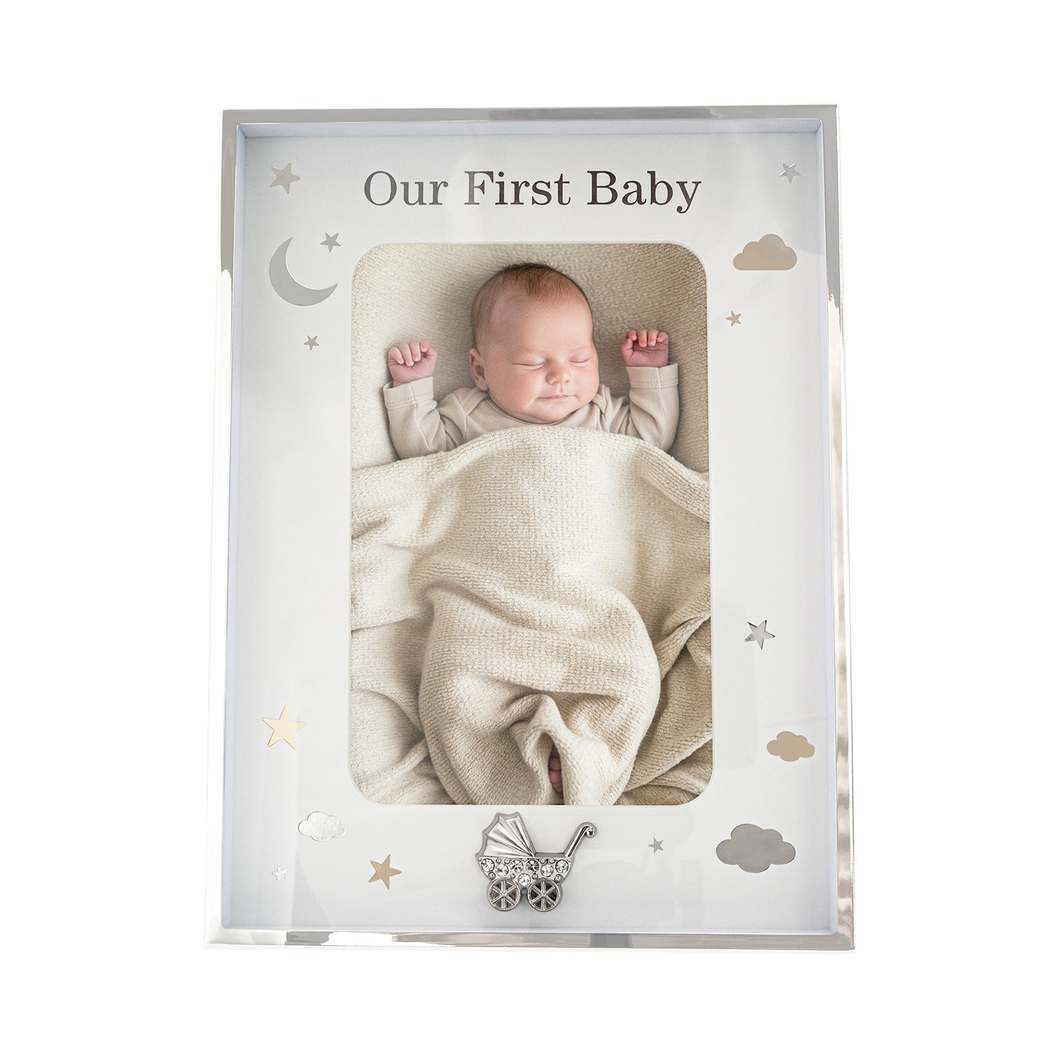 First Baby Silver Plated Frame with Gold and Silver Stars and Clouds Image 1