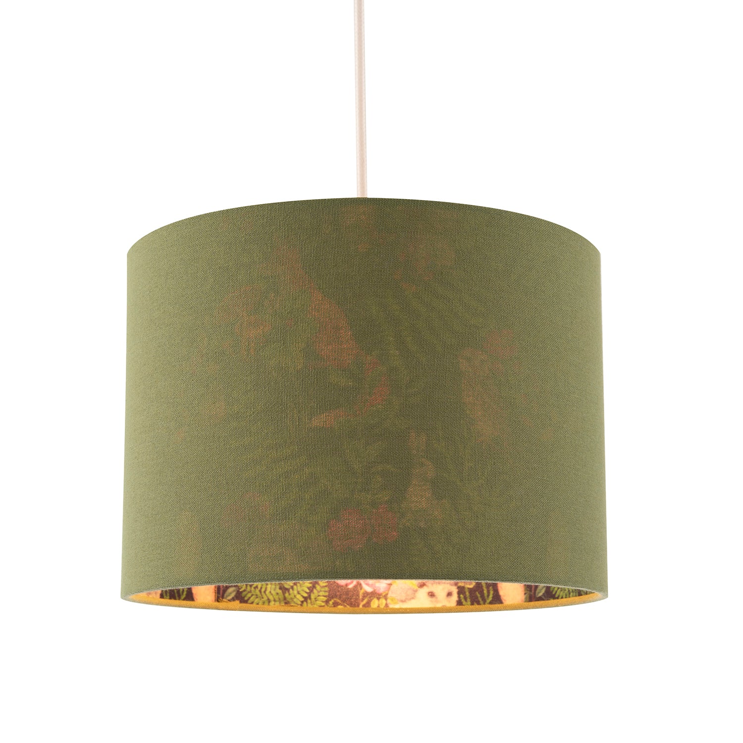 Woodland Animals and Forest Drum Lamp Shade with Olive Green Linen Image 2