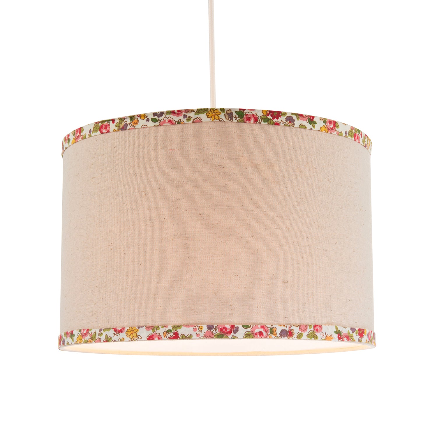 Natural Oatmeal Linen Circular Lamp Shade with Colourful Floral Trims Image 2