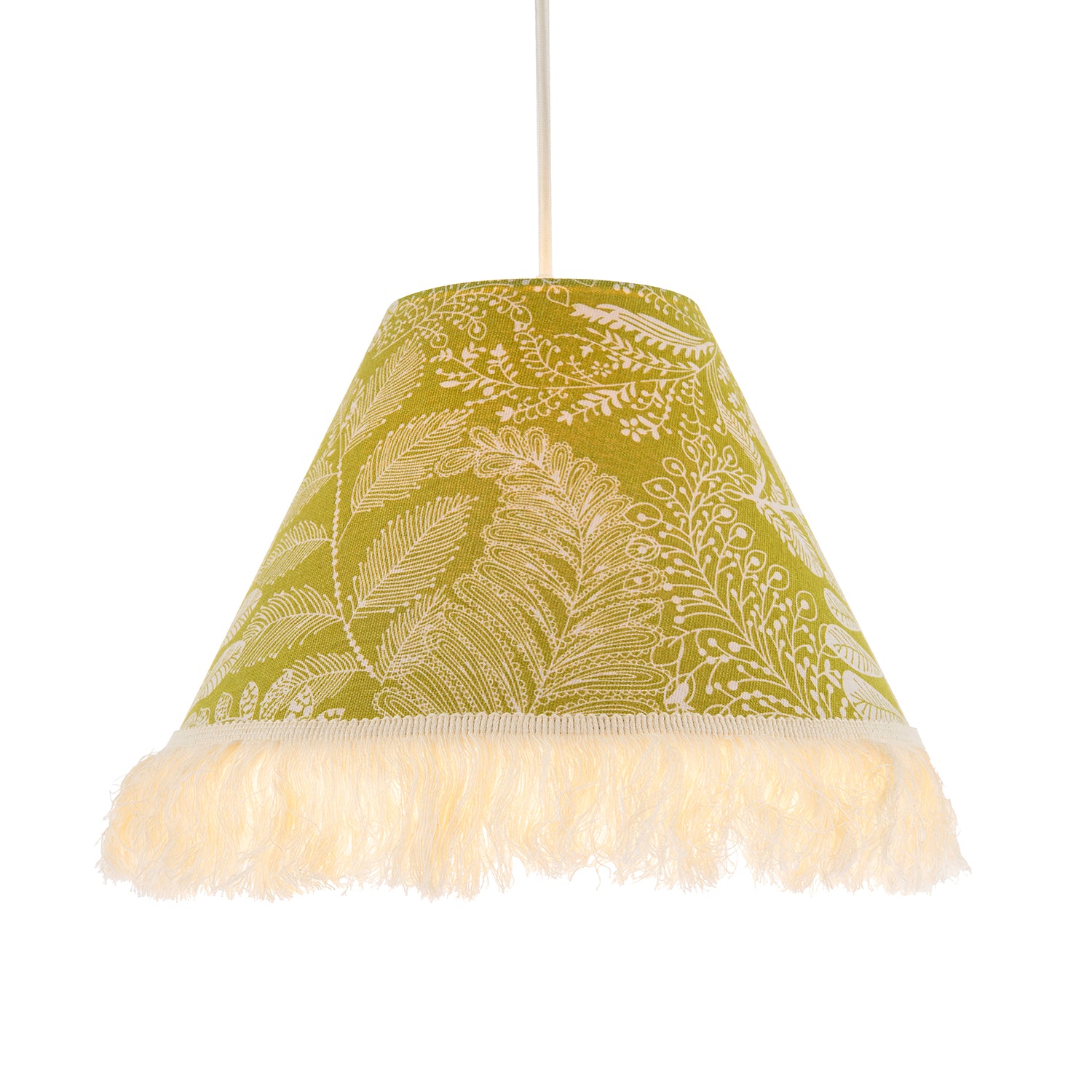 Olive Green Jacquard Linen Floral Coolie Lamp Shade with White Tassels Image 2