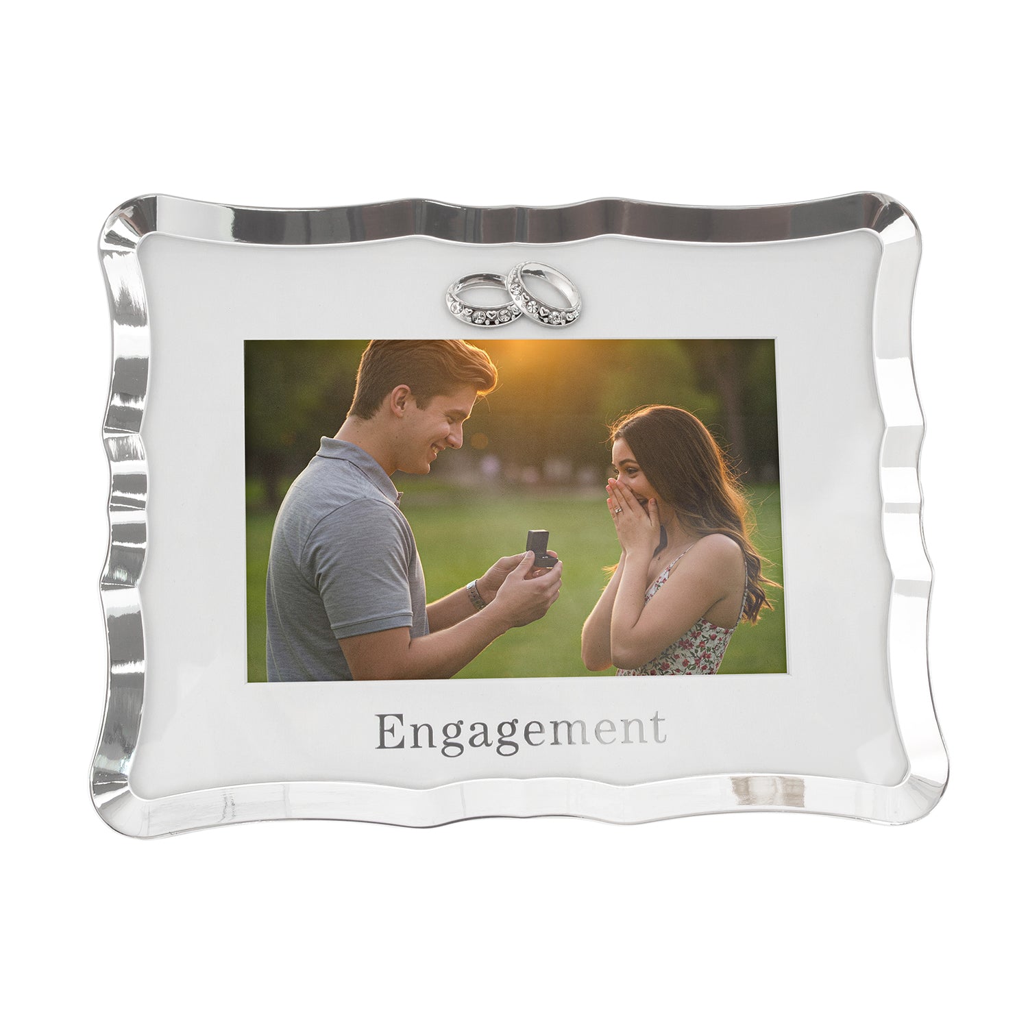 Modern Engagement Picture Frame in Silver Plating with Double Rings Image 1