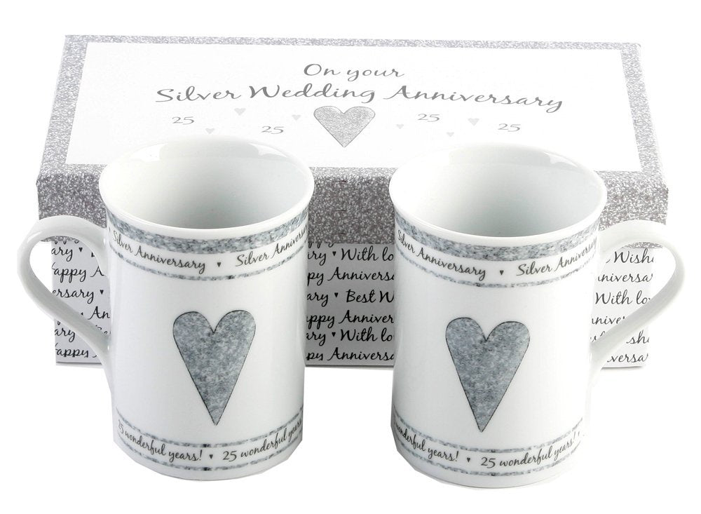 Beautifully Designed 25th Silver Anniversary Mug Set with Matching Gif