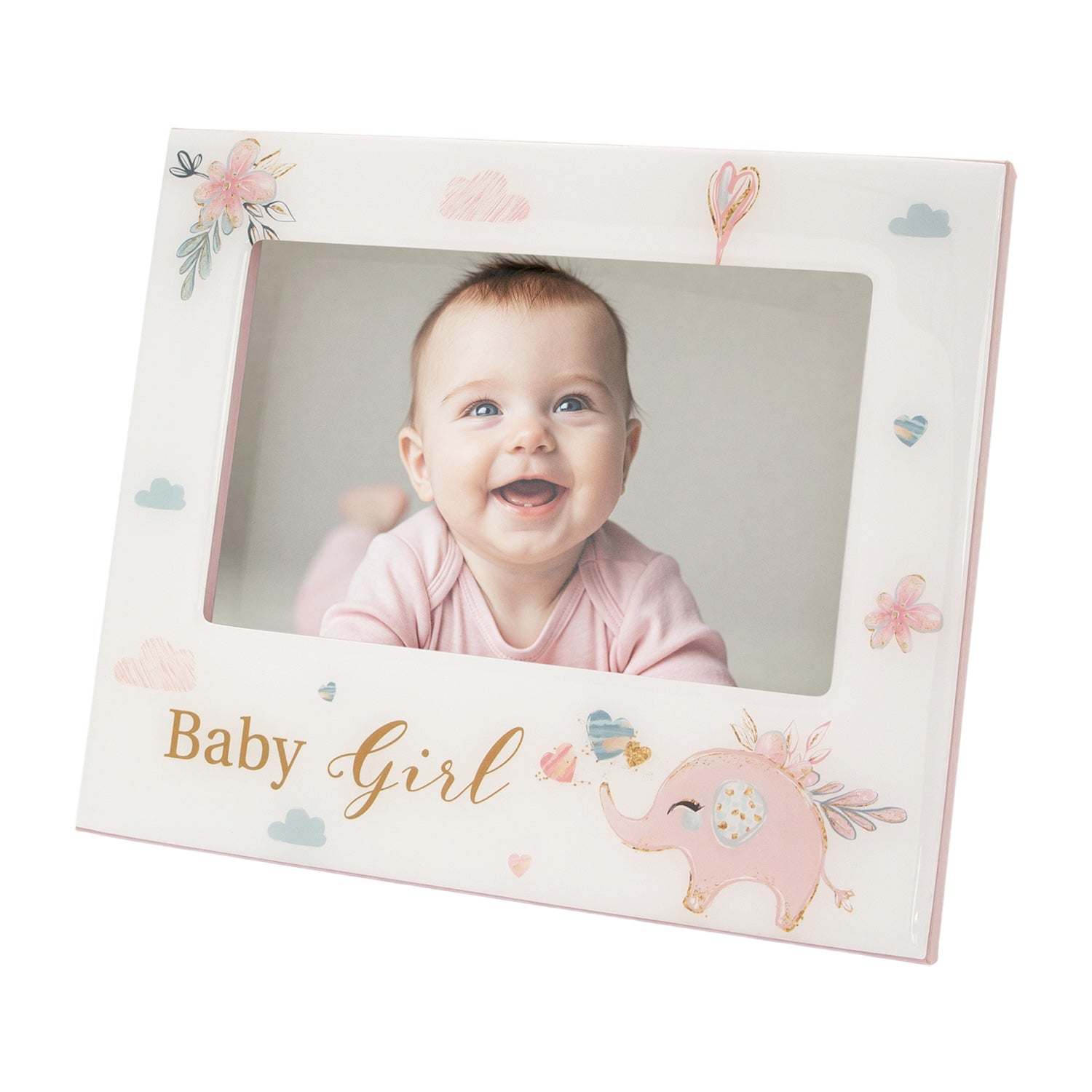 Baby Girl Baby Picture Frame with Soft Pastel Pink Elephant and Hearts Image 1