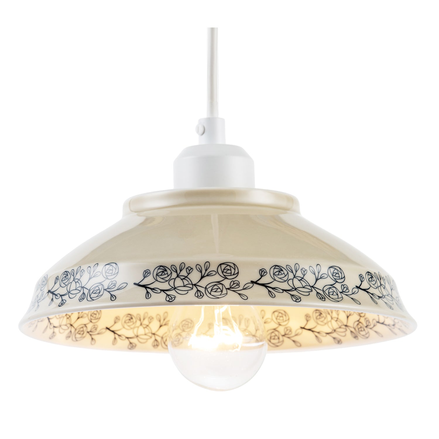 Cream Gloss Ceramic Pendant Light Shade with Navy Blue Floral Design Image 2