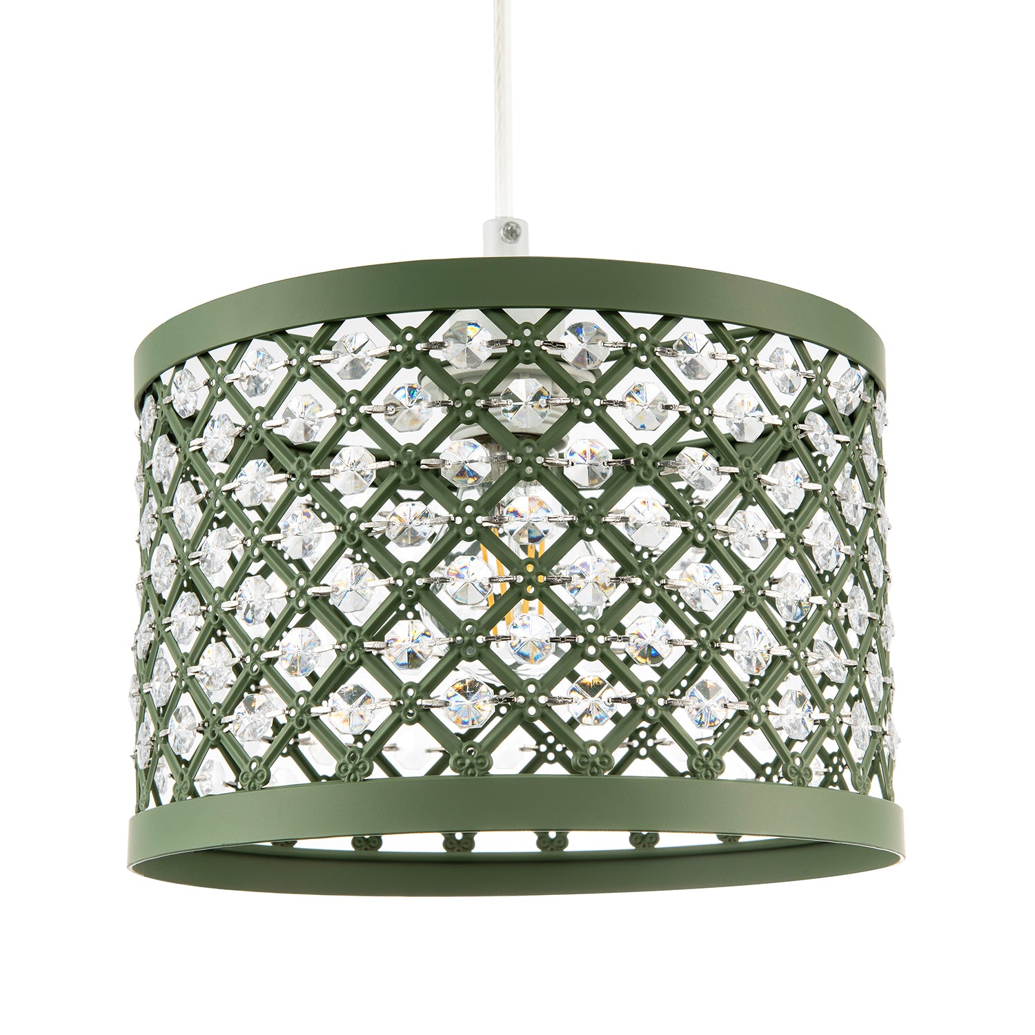 Modern Ornate Olive Green Metal Pendant Shade with Clear Acrylic Beads Image 1