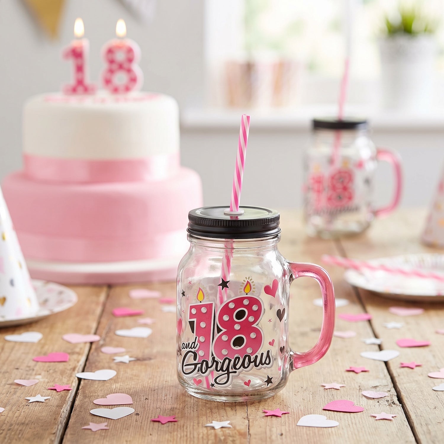 18th Birthday Mason Jar With Metal Lid Glass Handle and Pink/White Straw Image 6