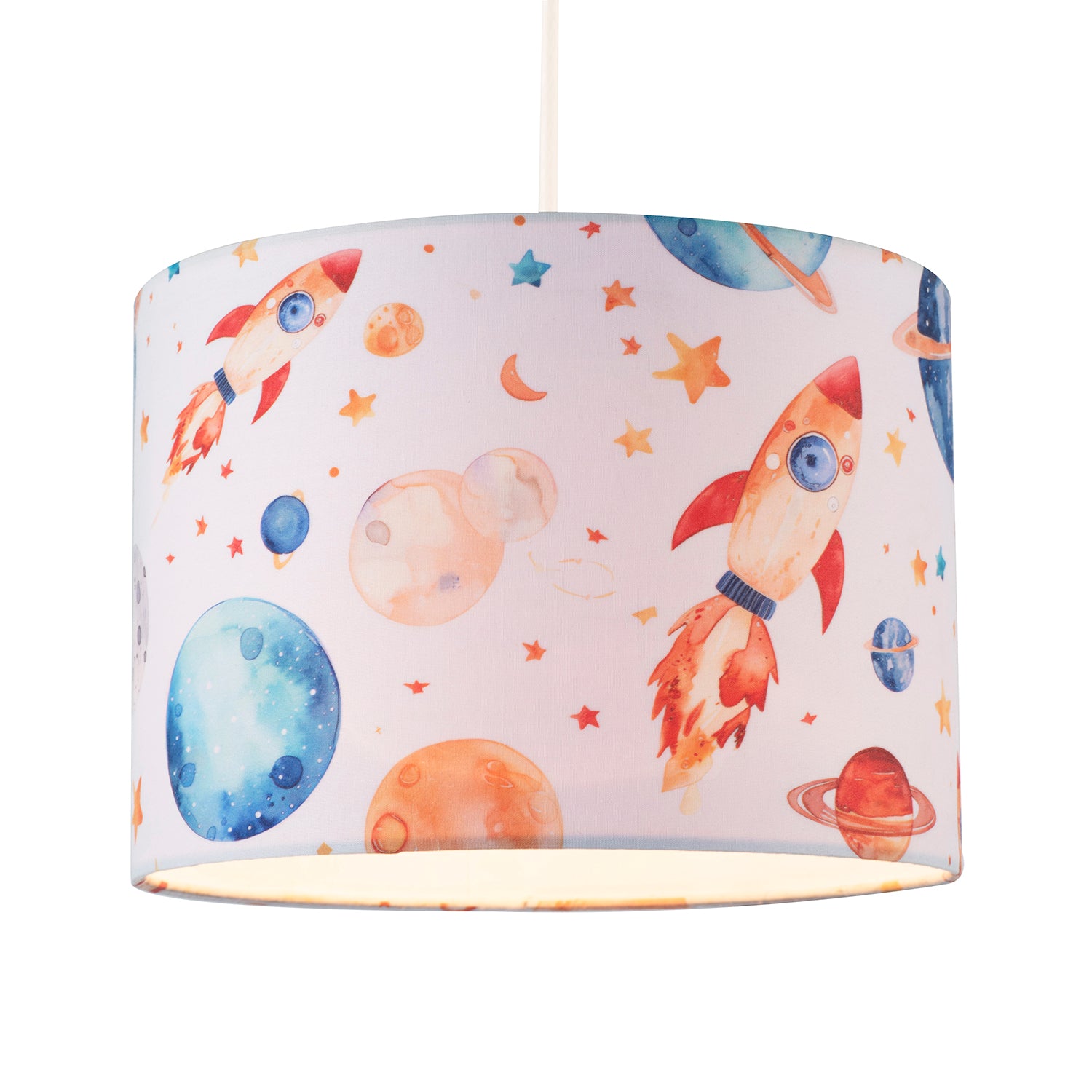 Colourful Space Themed Kids Lamp Shade with Rockets Planets and Stars Image 2