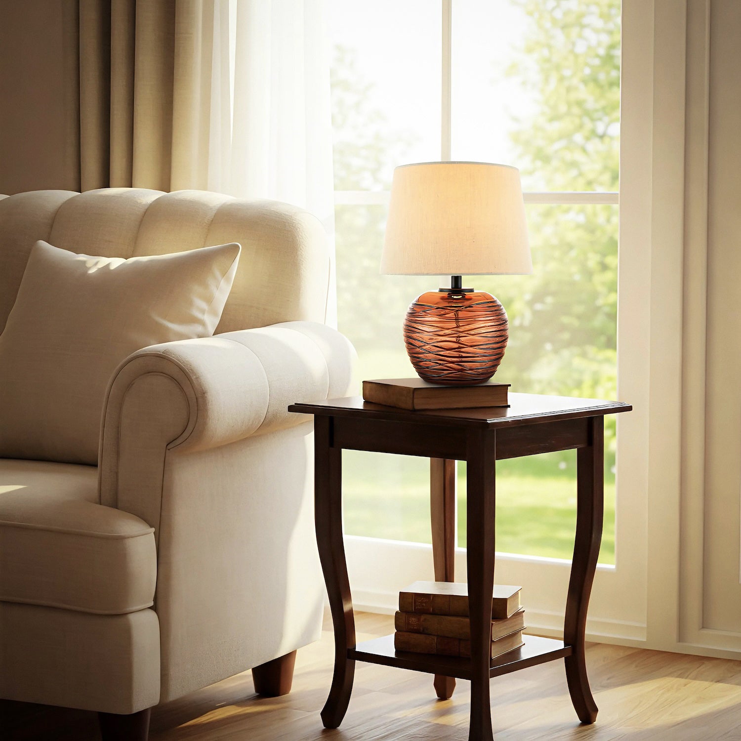 Modern Designer Amber Glass Table Lamp with Oatmeal Beige Linen Fabric Shade Image 7