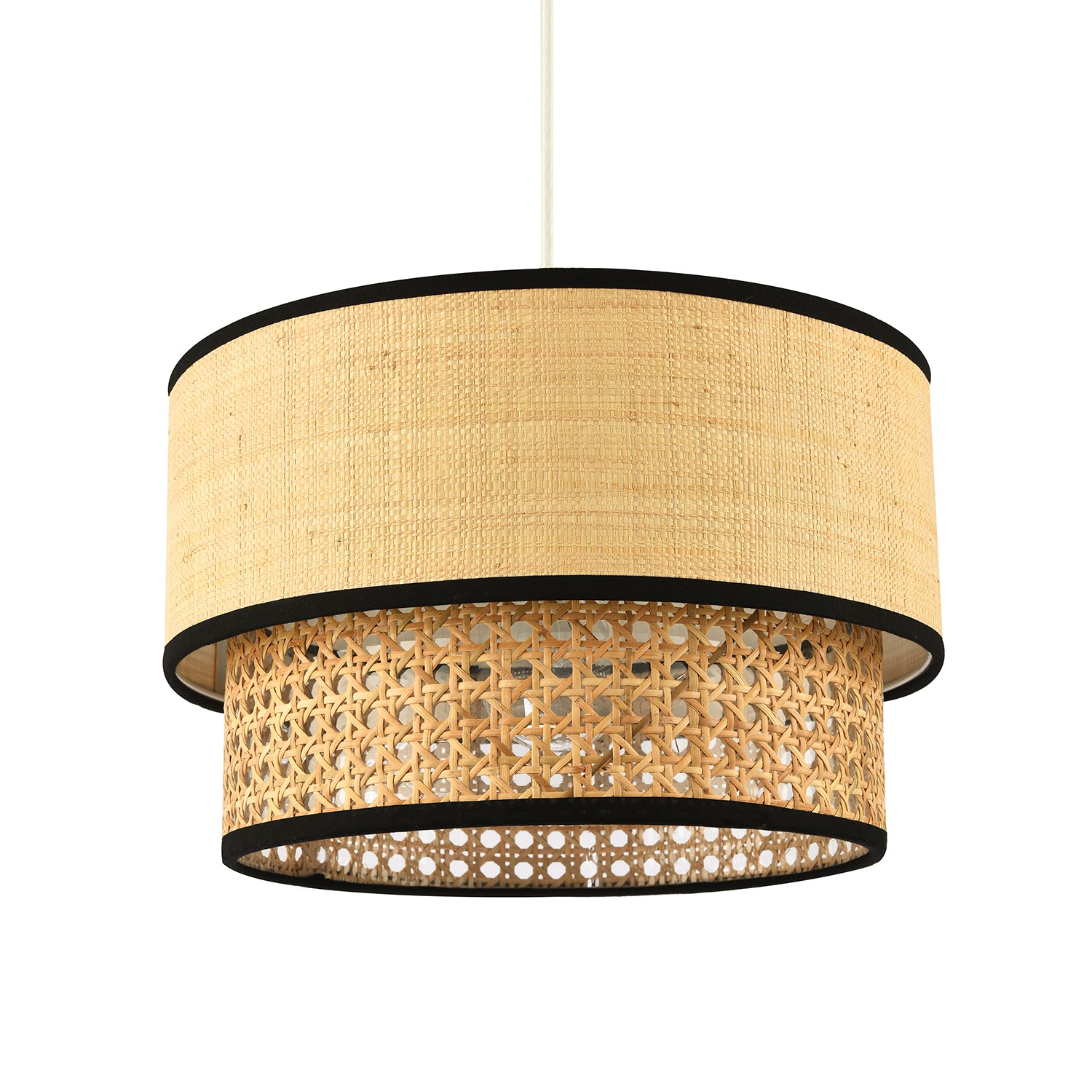 Modern Double Tier Real Natural Rattan Pendant Shade with Black Trims Image 2