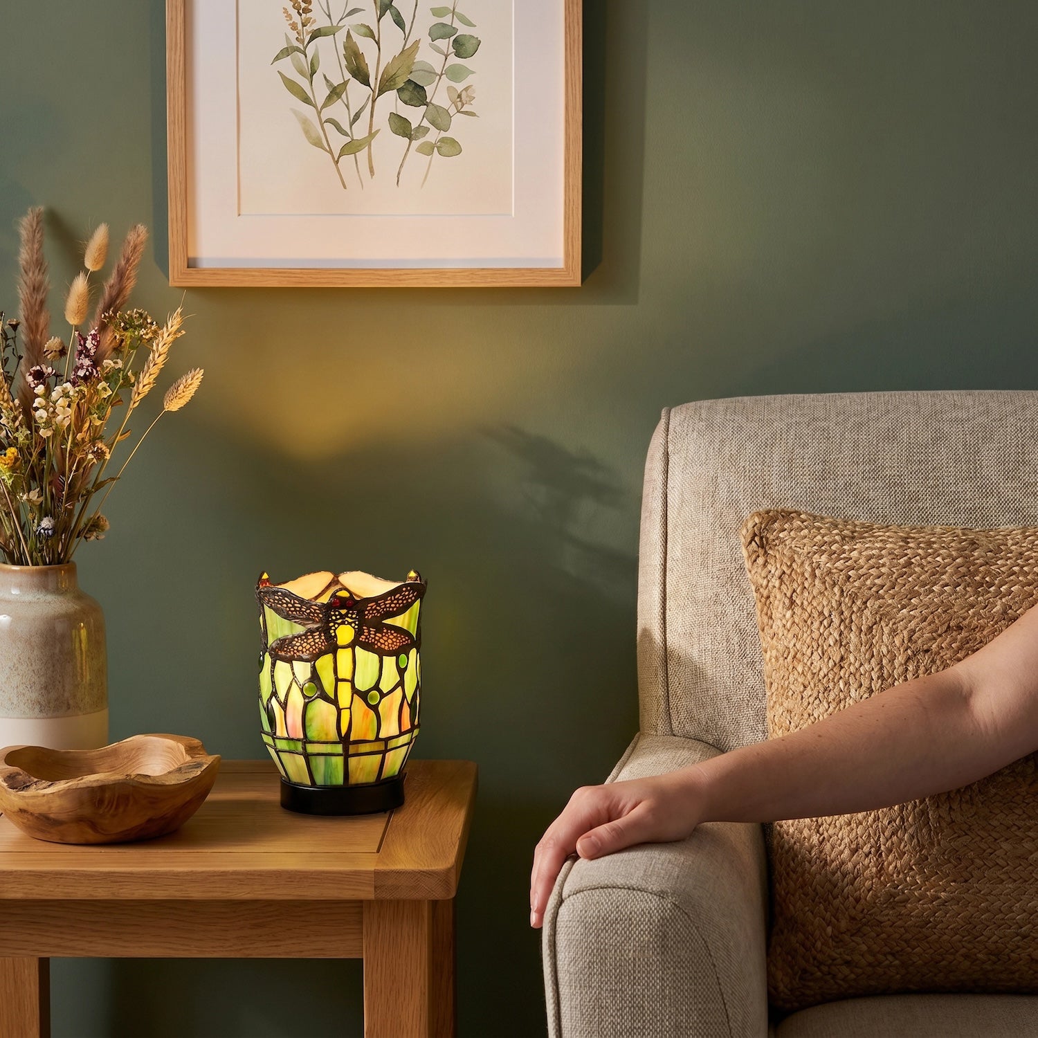 Classic Dragonfly Tiffany Uplighter Lamp in Green and Toned Amber Image 6