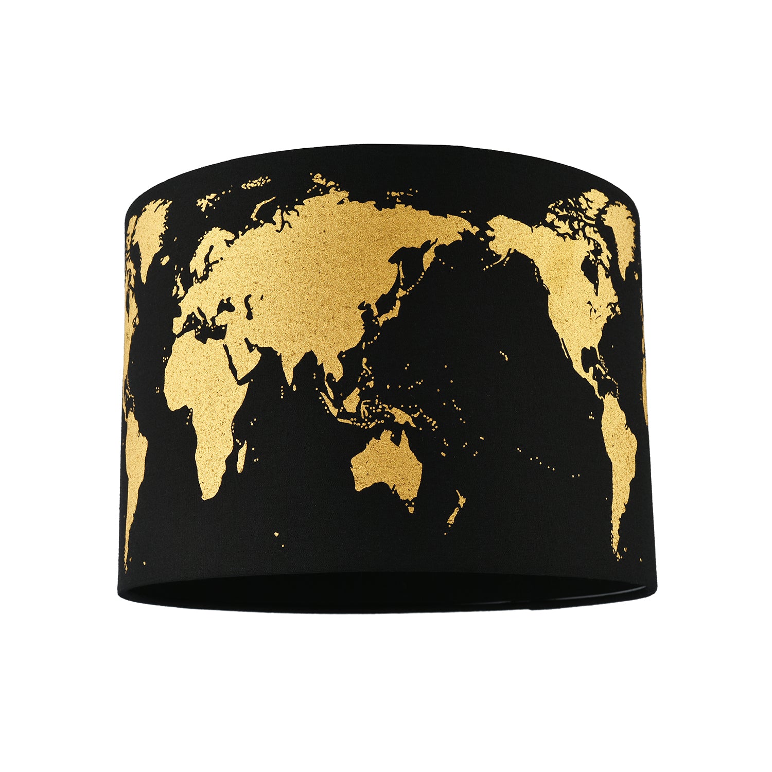 Modern Shiny Gold Foil World Map Lamp Shade in Black Cotton Fabric Image 1