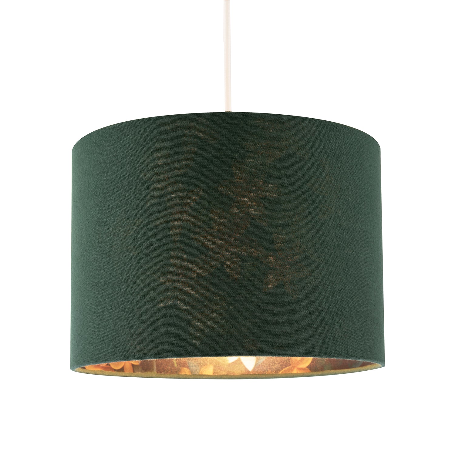 Yellow and Green Flowers Round Lamp Shade in Forest Green Linen Fabric Image 2