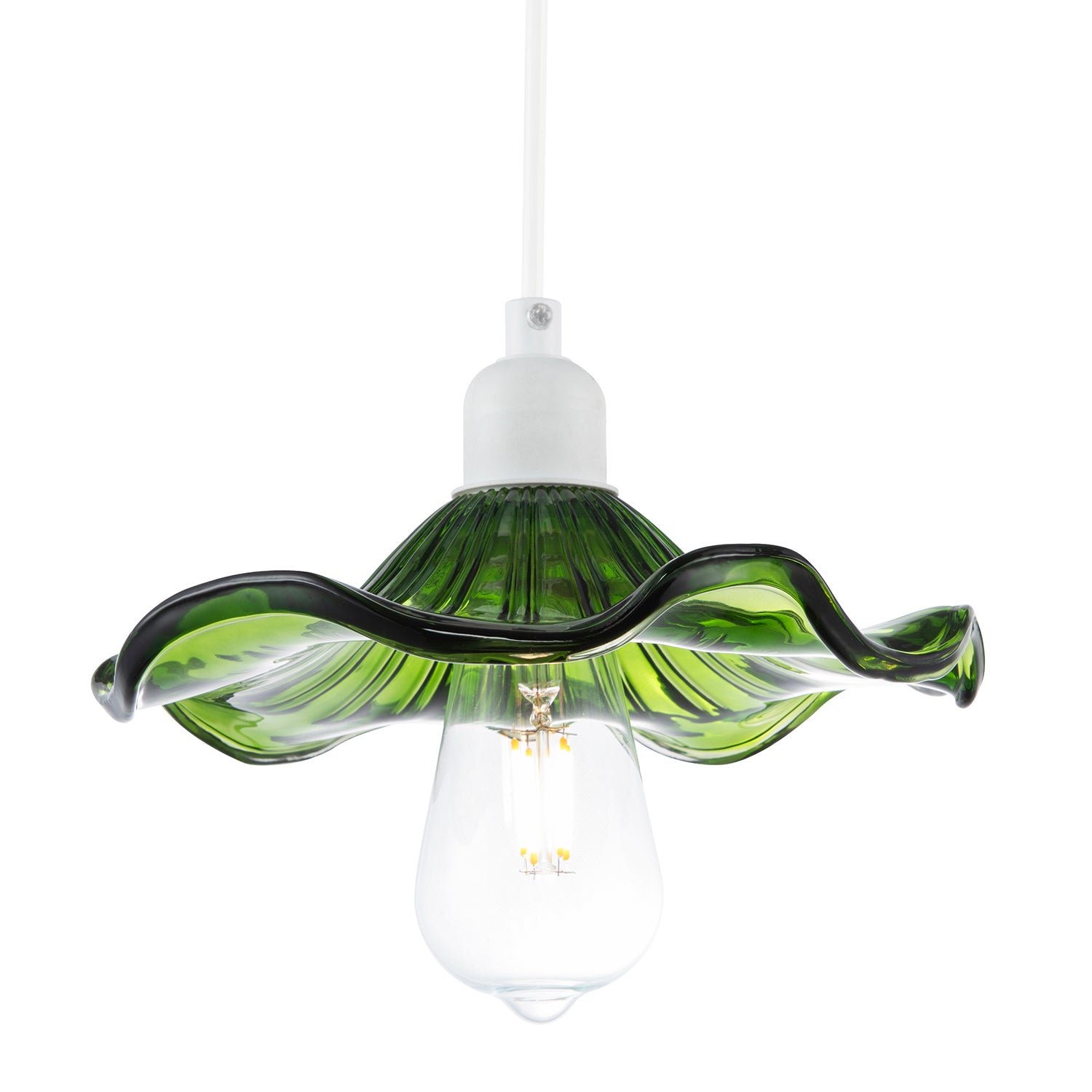 Designer Ribbed Emerald Glass Pendant Shade with Wavy Ruffled Edge Image 2