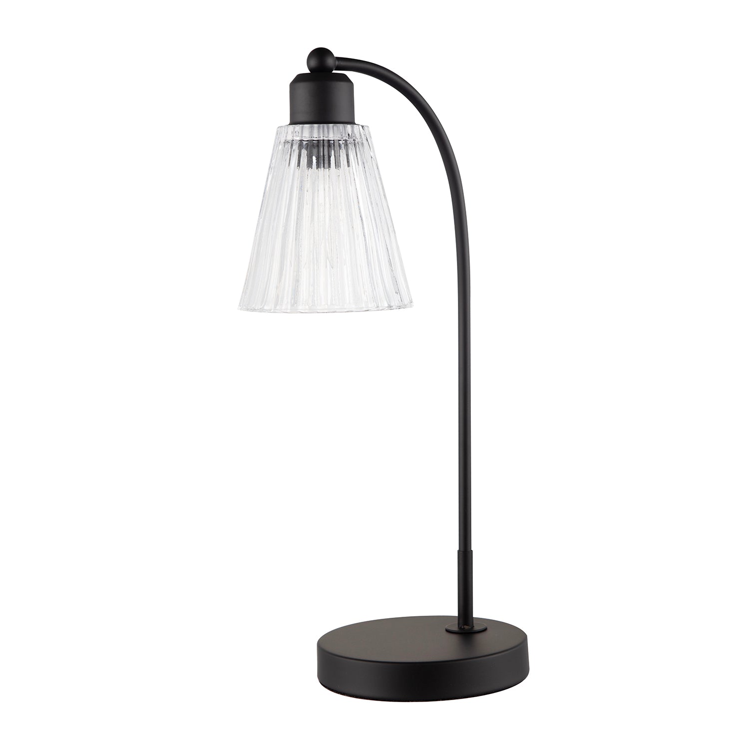 Traditional Matte Black Arch Desk Table Lamp with Clear Ribbed Shade Image 2
