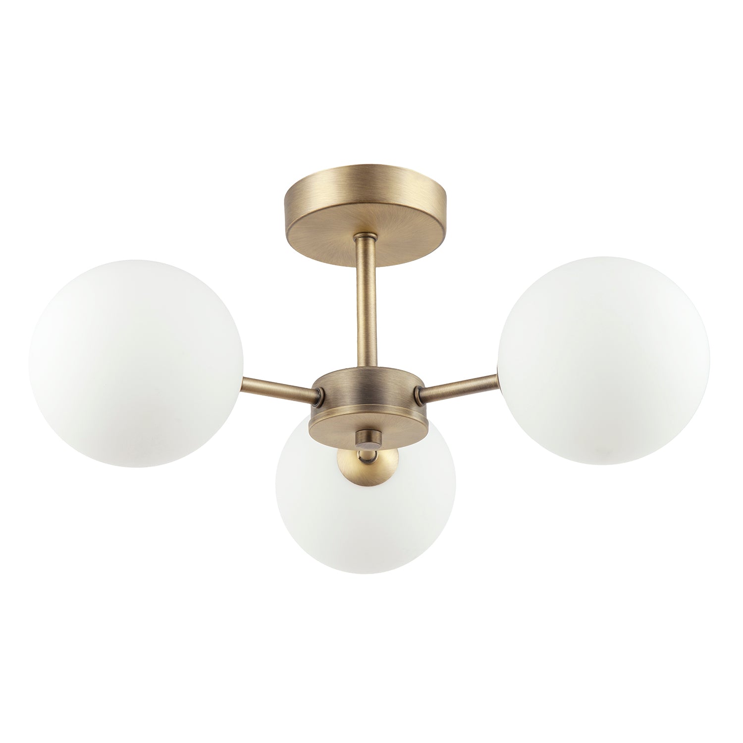 Contemporary Antique Brass Ceiling Lamp with Opal Globe Glass Shades Image 1