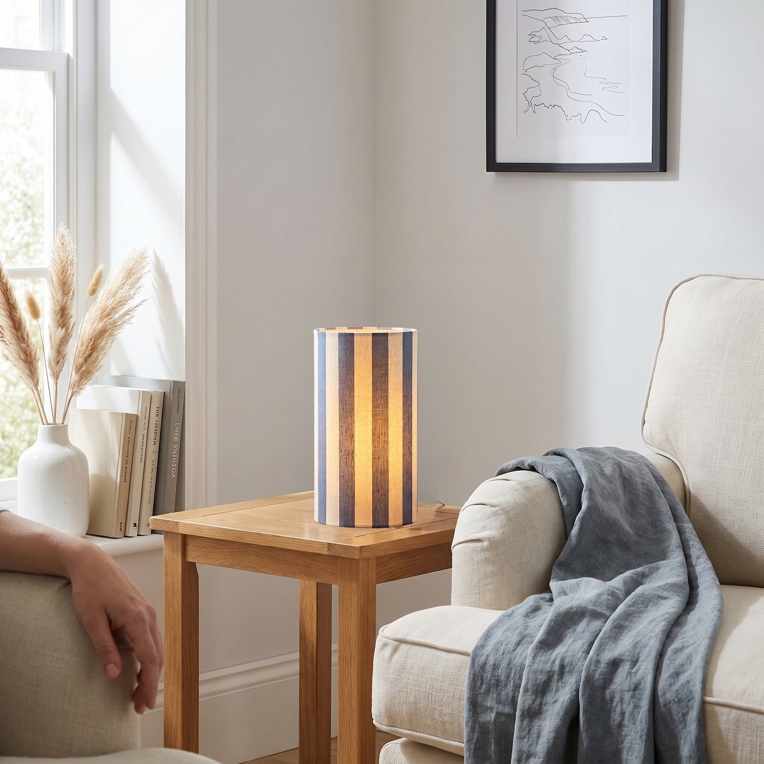 Amparo Blue and Oatmeal Striped Linen Table Lamp with Fabric Base Image 6
