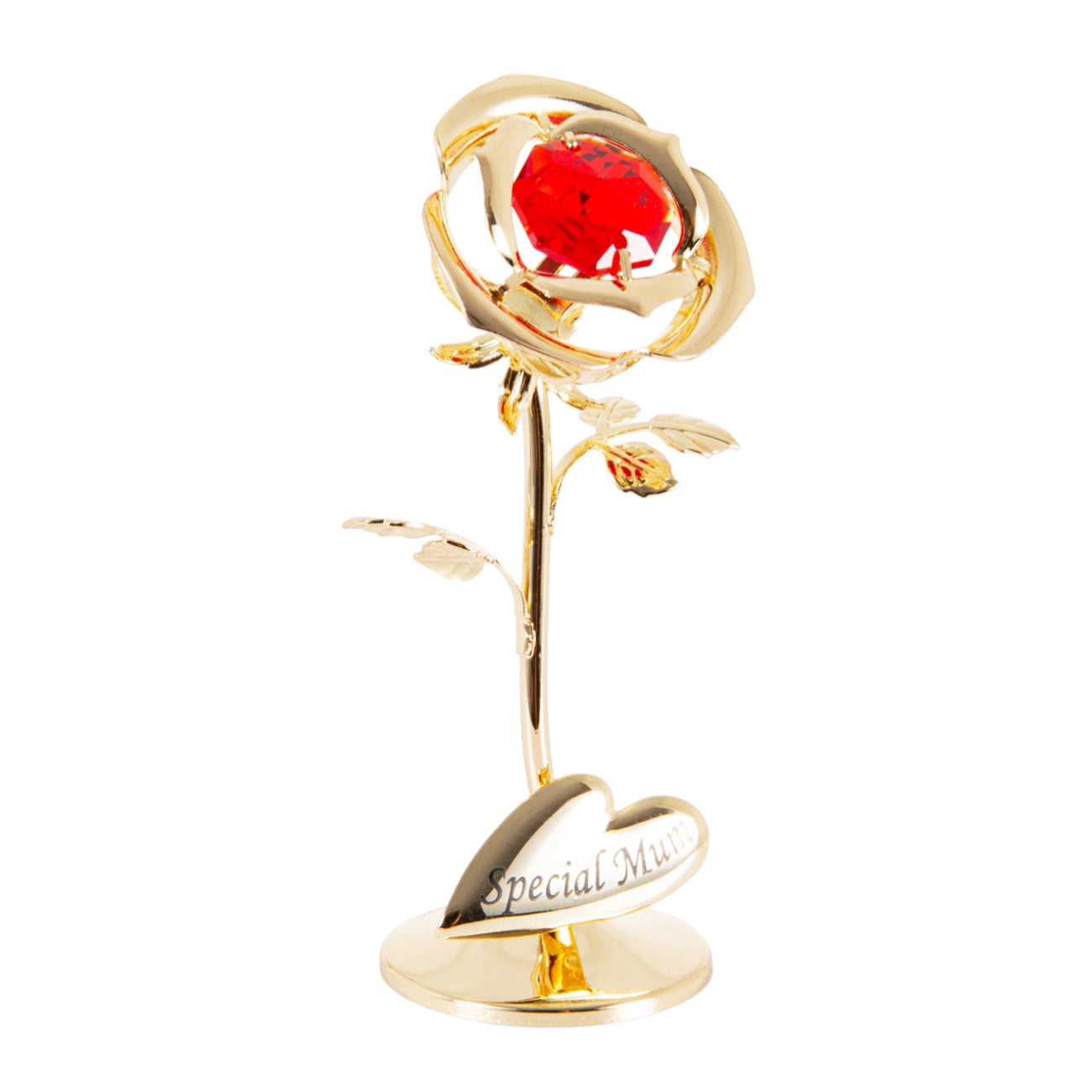 Special Mum Heart Gold Plated Petite Rose Ornament with Red Austrian Crystal Image 2