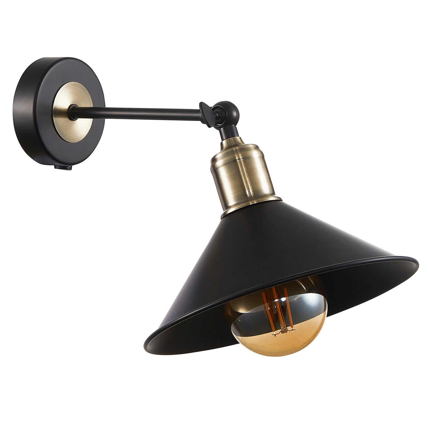 Modern Industrial Switched Wall Light Fitting in Matte Black and Antique Brass Image 1