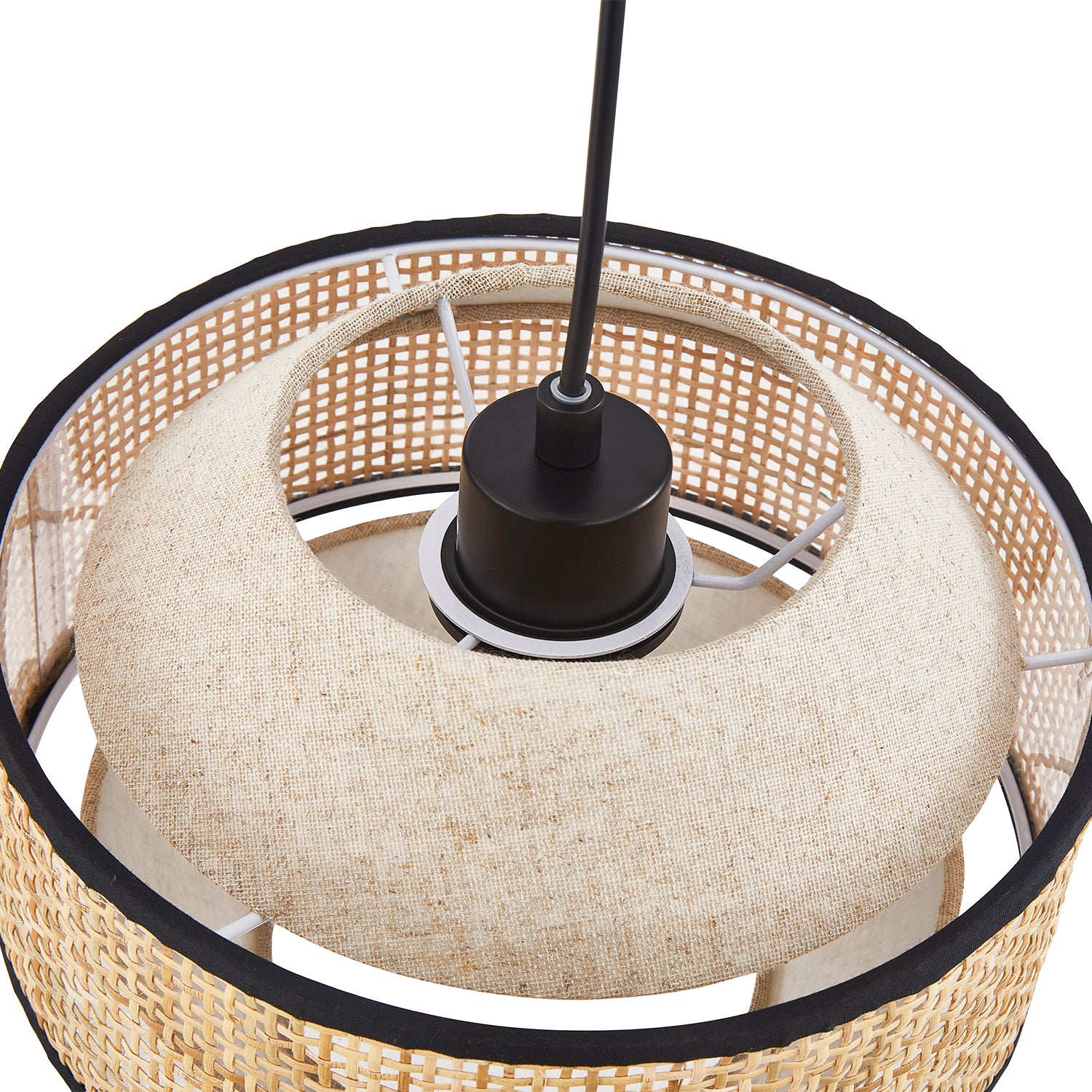 Natural Linen and Woven Rattan Pendant Ceiling Light with Black Trim and Cable Image 5