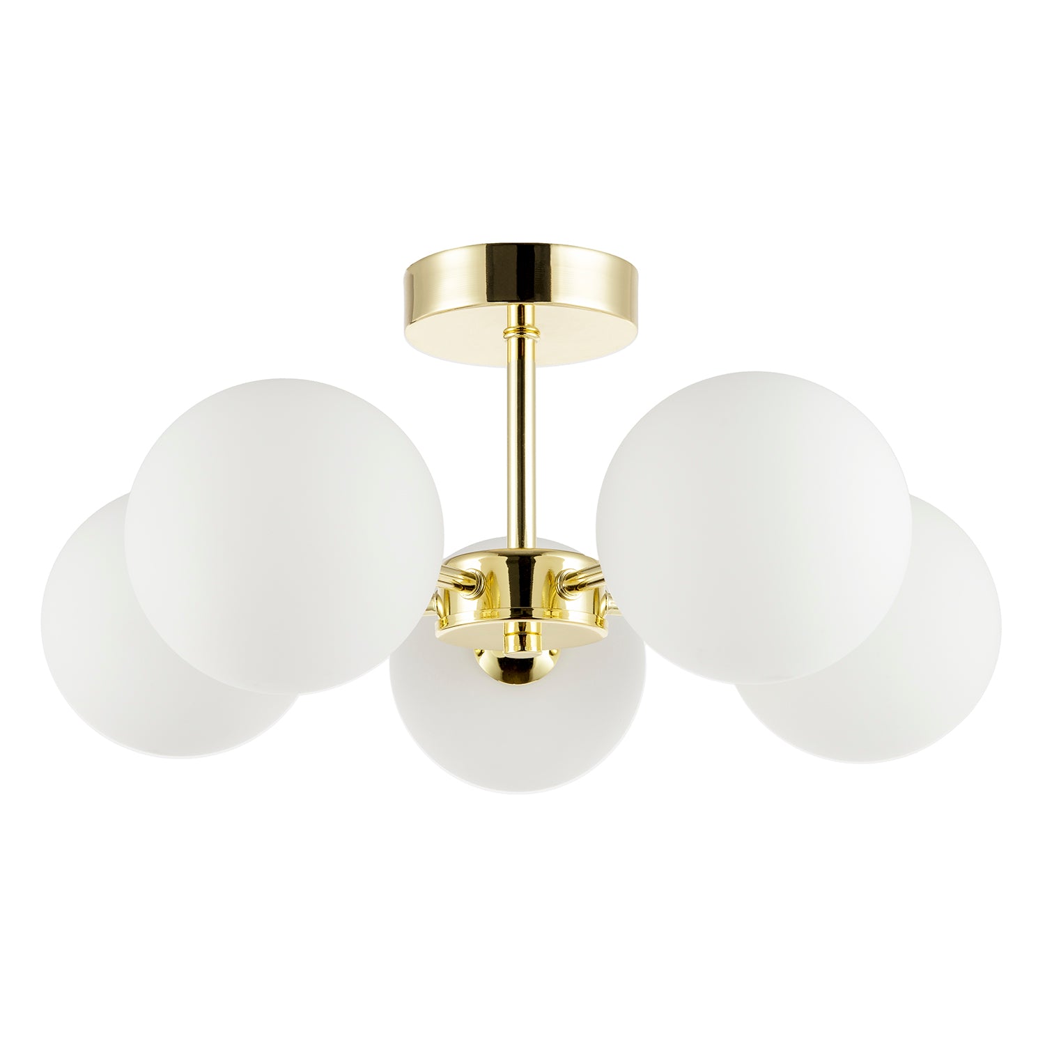 Chic Polished Gold 5-Arm Ceiling Light with White Globe Glass Shades Image 1