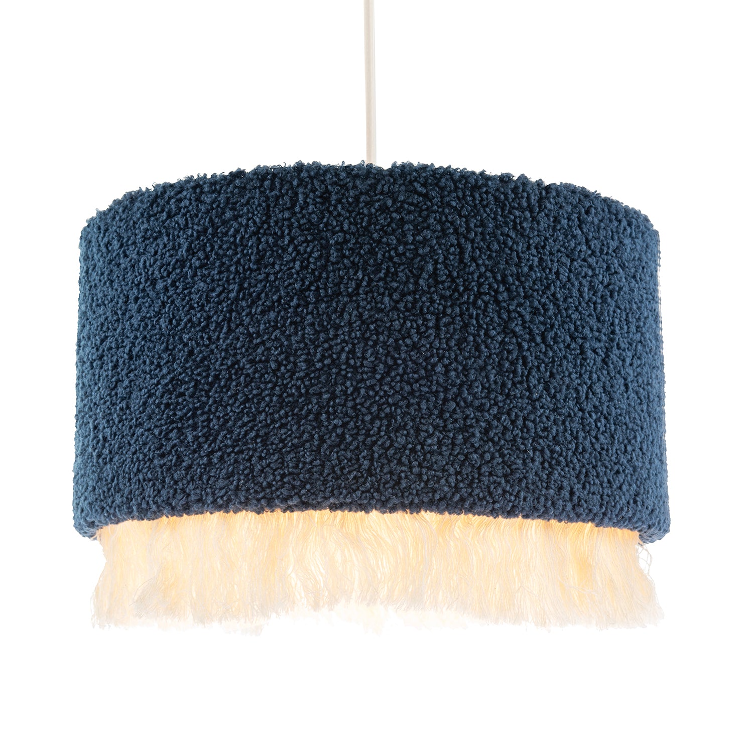 Midnight Blue Wool Lamp Shade with Ivory White Hanging Fabric Tassels Image 2