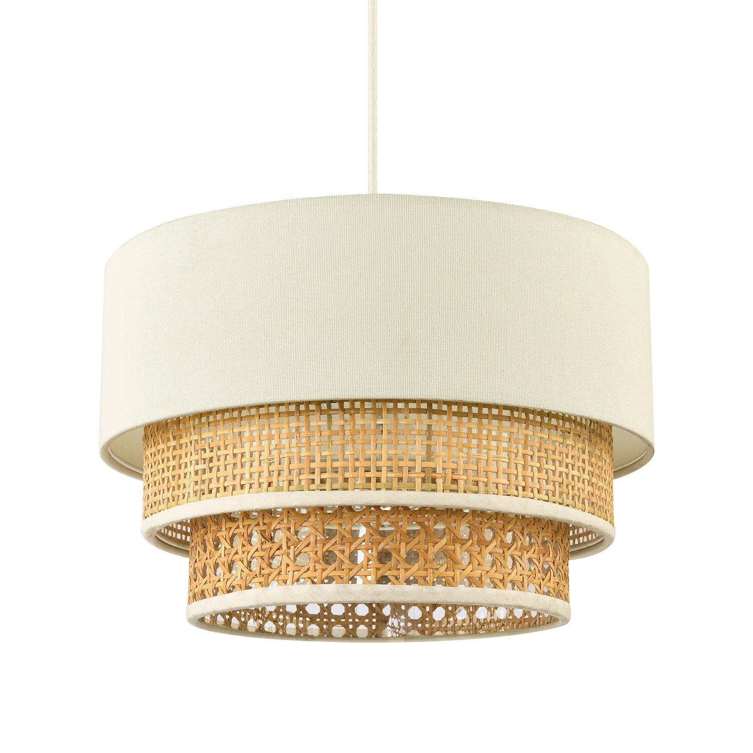 Contemporary Triple Tier Cream Linen and Natural Rattan Pendant Shade Image 2