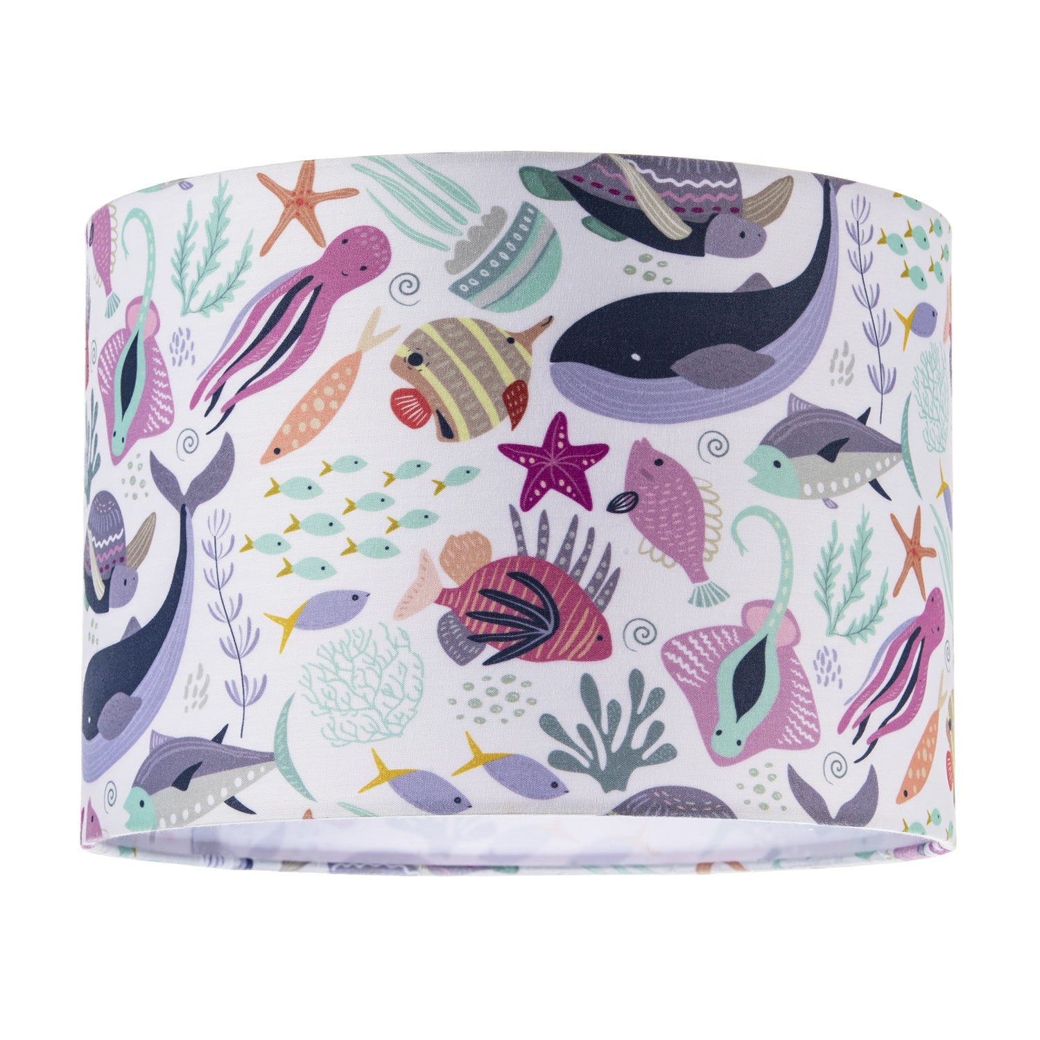 Underwater Designed Fabric Lampshade with Whales Turtles Tropical Fish Image 1