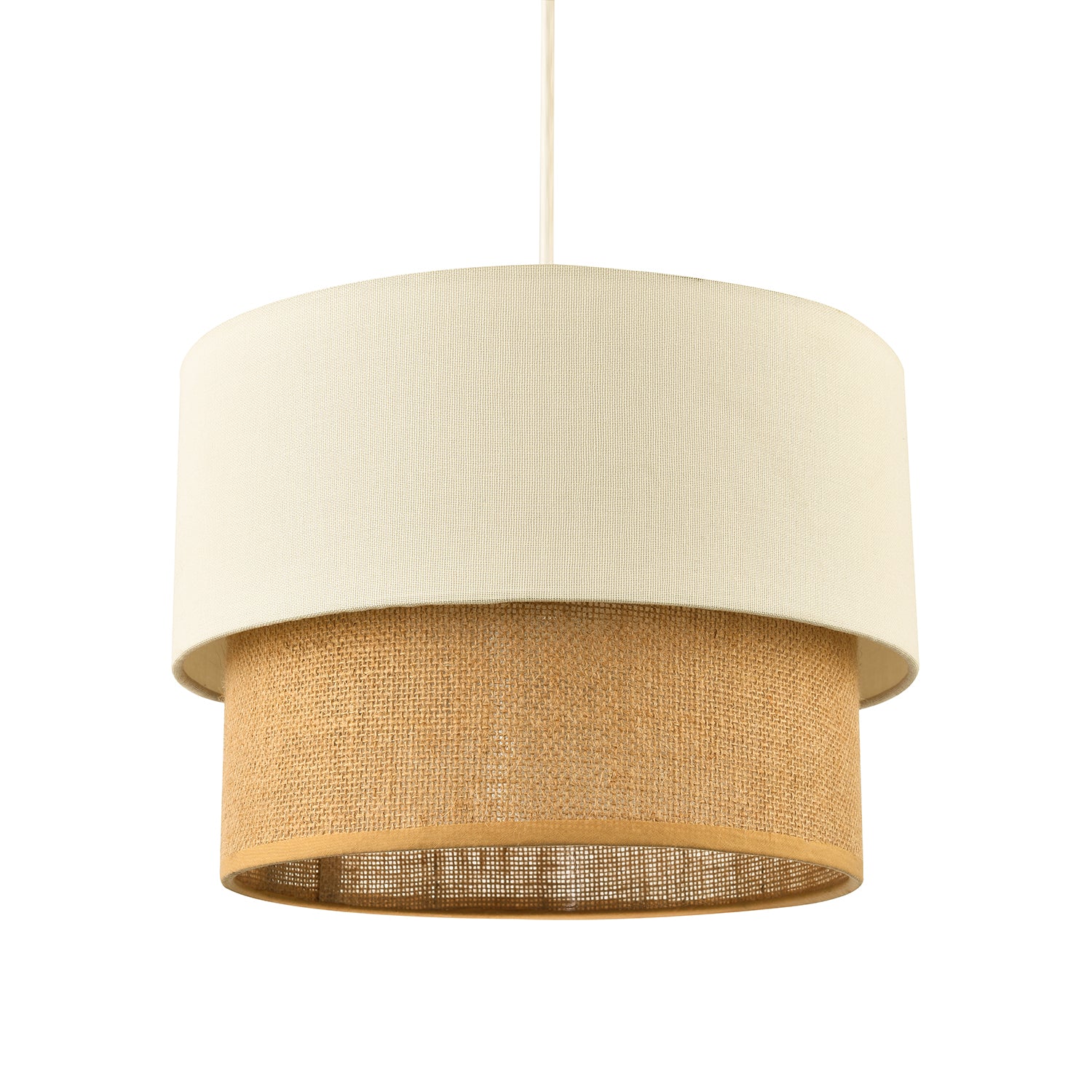 Modern Designer Two Tier Cream Linen and Natural Rattan Pendant Shade Image 1