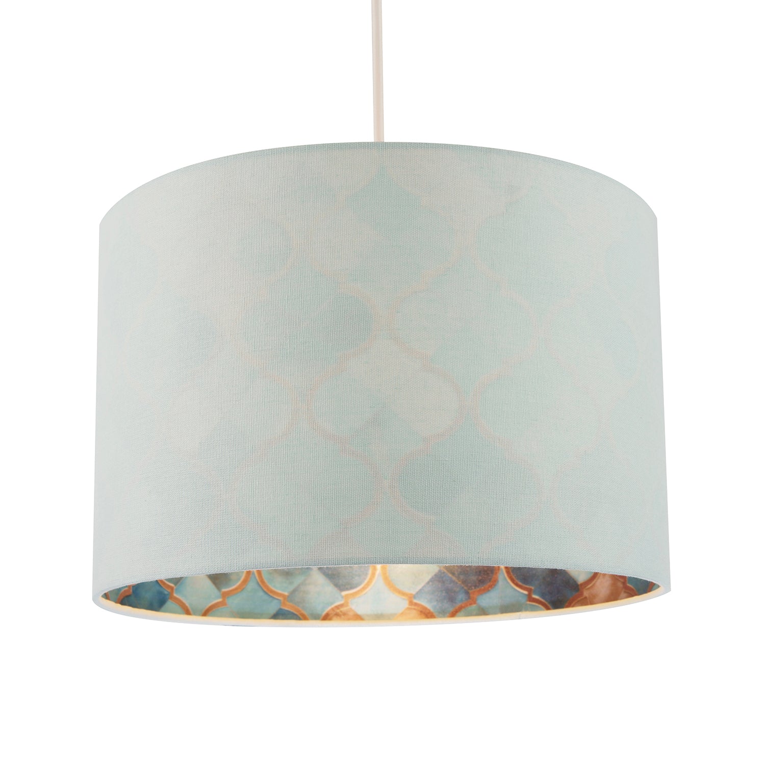 Designer Duck Egg Linen Lamp Shade with Moroccan Scale Pattern Lining Image 2
