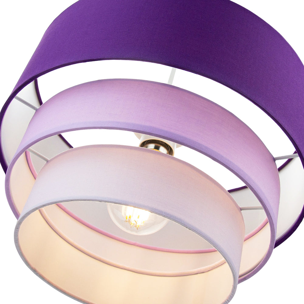 Contemporary Round Triple Tier Purple/Lilac Cotton Fabric Pendant Light Shade Image 3