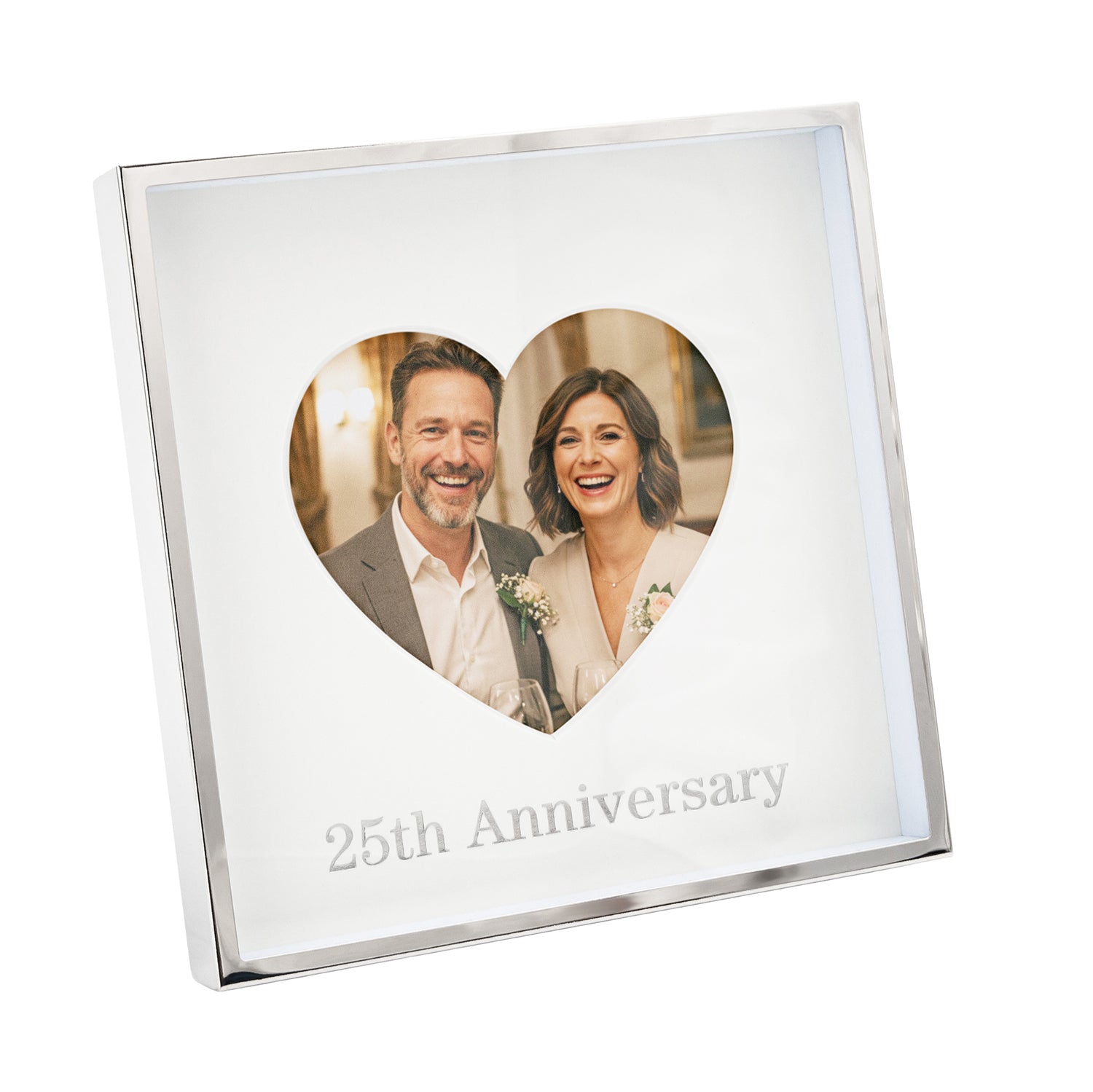 25th Anniversary Heart Frame for 4x4 Picture in Nickel Plated with Silver Foil Image 1