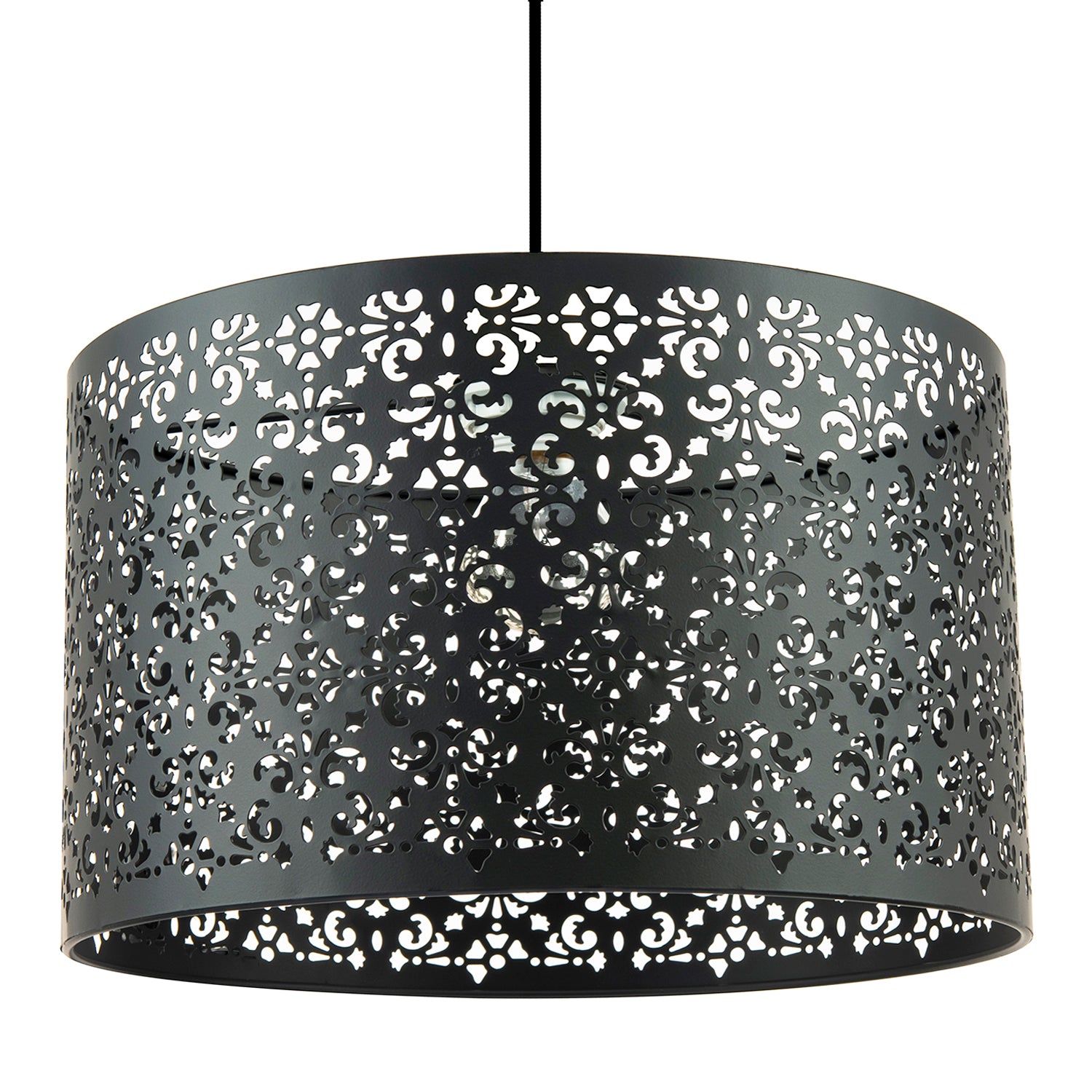 Moroccan Designed Large Black Metal Pendant Shade with Floral Decor Image 1