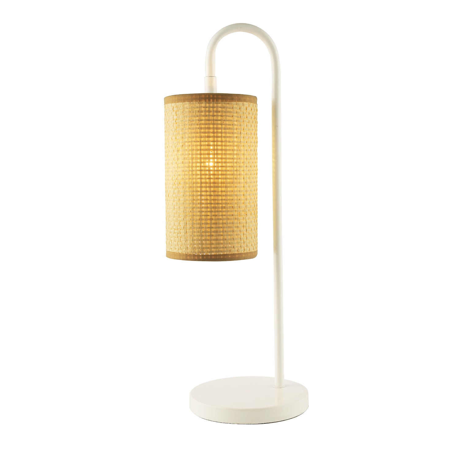 Vintage Classic White Gloss Table Lamp with Tubular Woven Rattan Shade Image 1