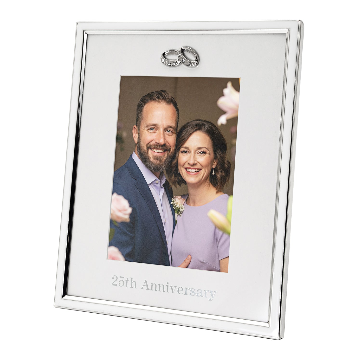 25th Anniversary Silver Plated 5x7 Picture Frame with Double Diamante Rings Image 1