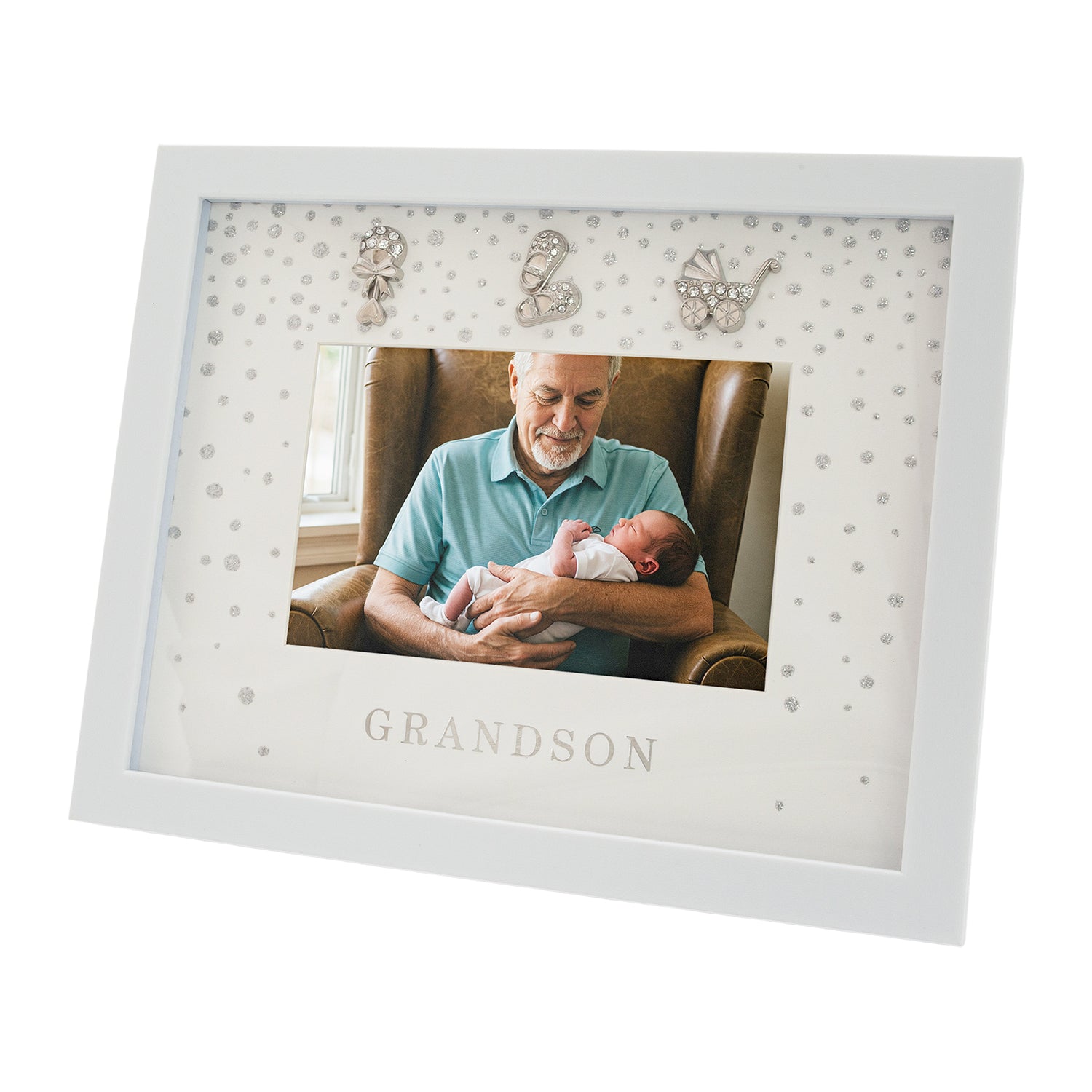 Modern Grandson 4x6 White Picture Frame with Silver Foil Falling Dots Image 1