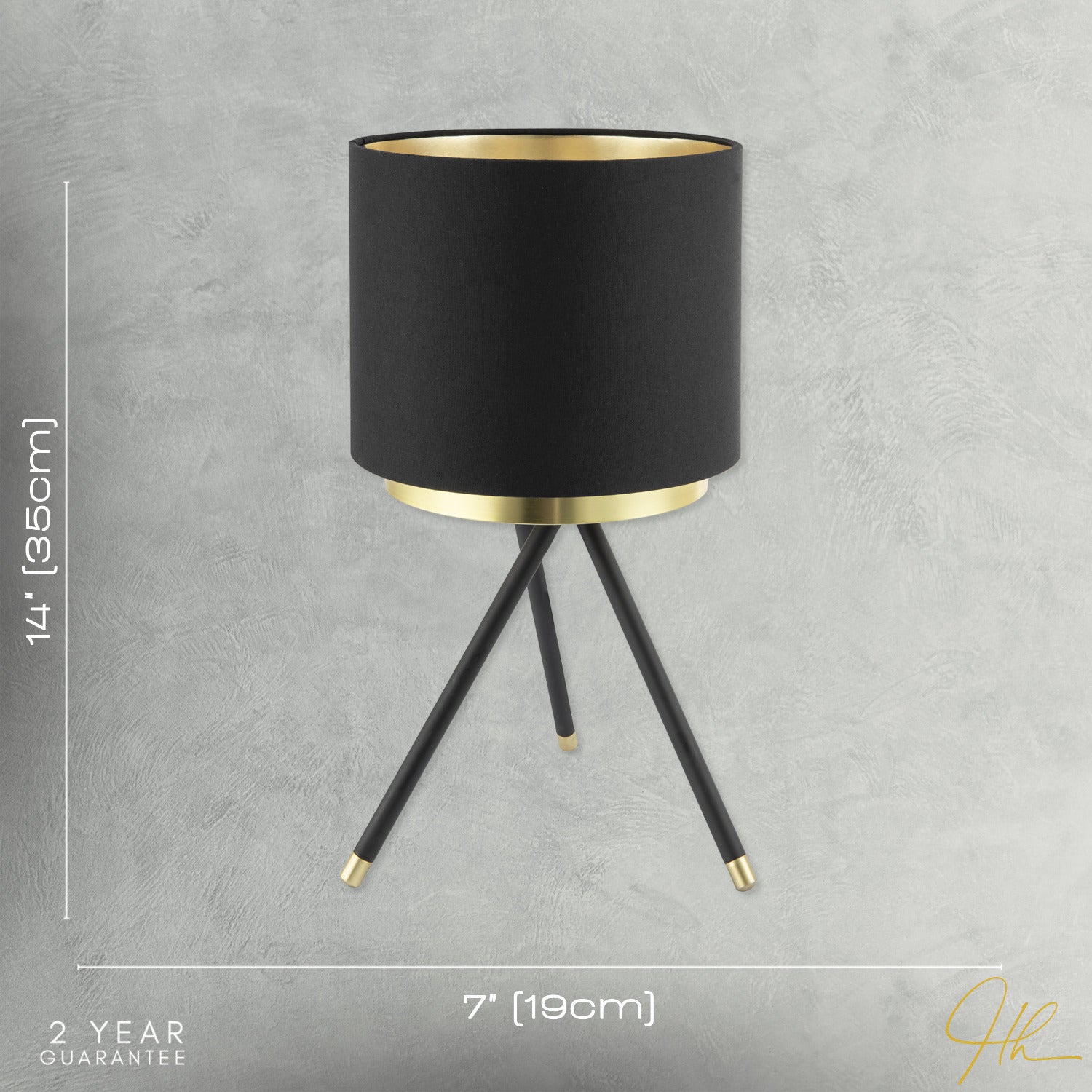 Black Tripod Table Lamp with Gold Metal Ring and Cotton Drum Shade Image 7
