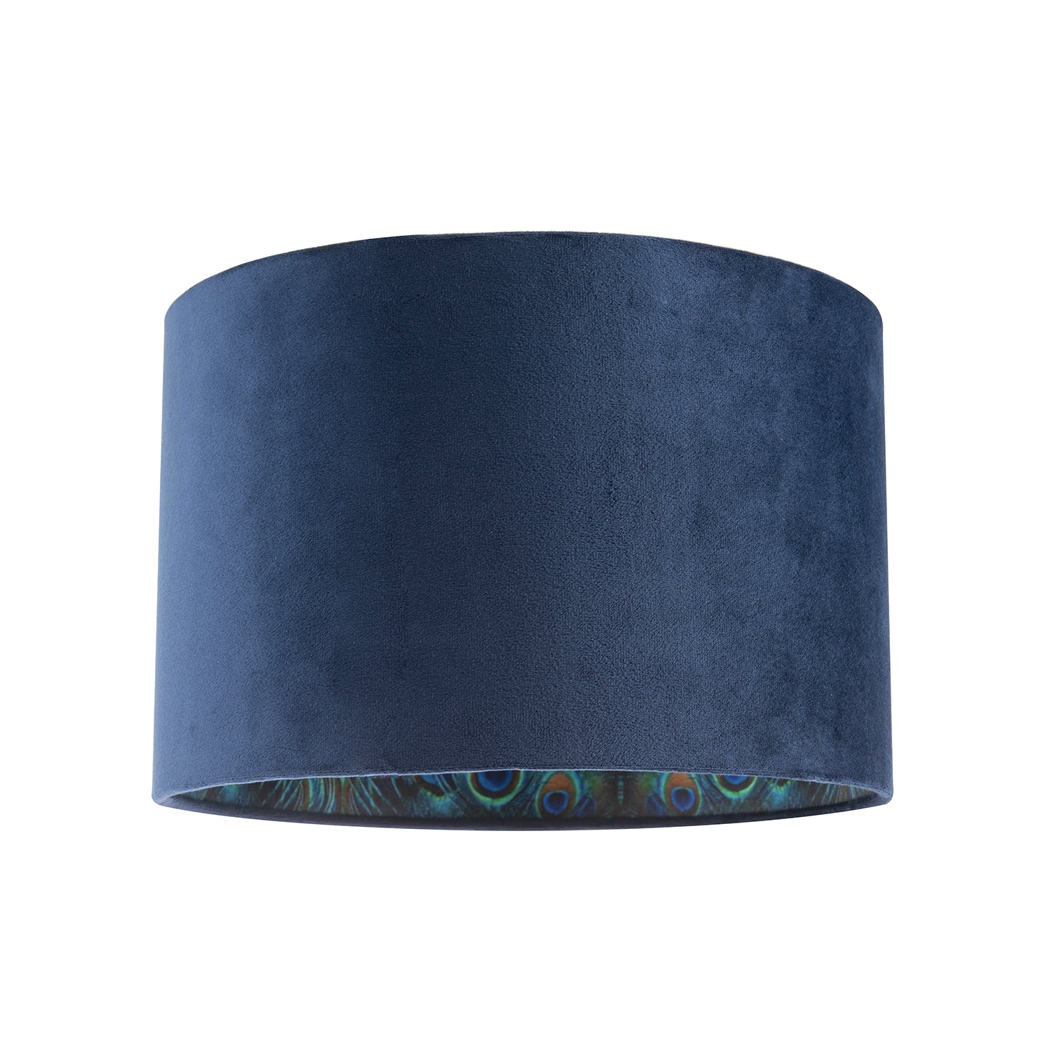 Midnight Blue Velvet Lamp Shade with Colourful Peacock Feather Inner Image 1