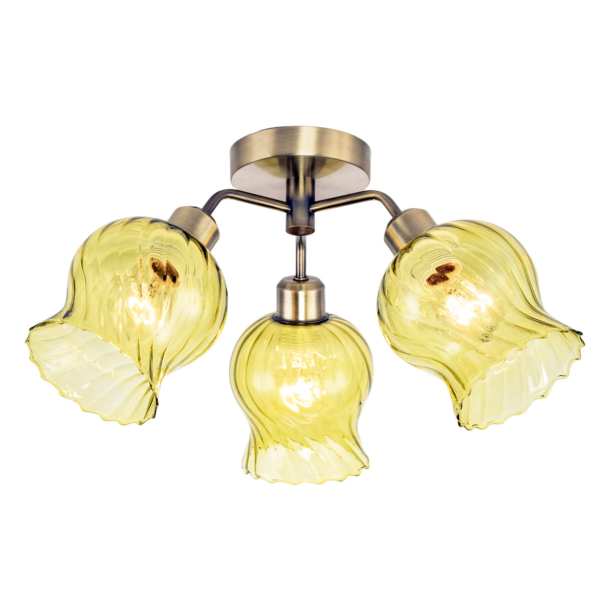 Elegant Ceiling Light in Antique Brass with Green Tinted Glass Shades Image 2