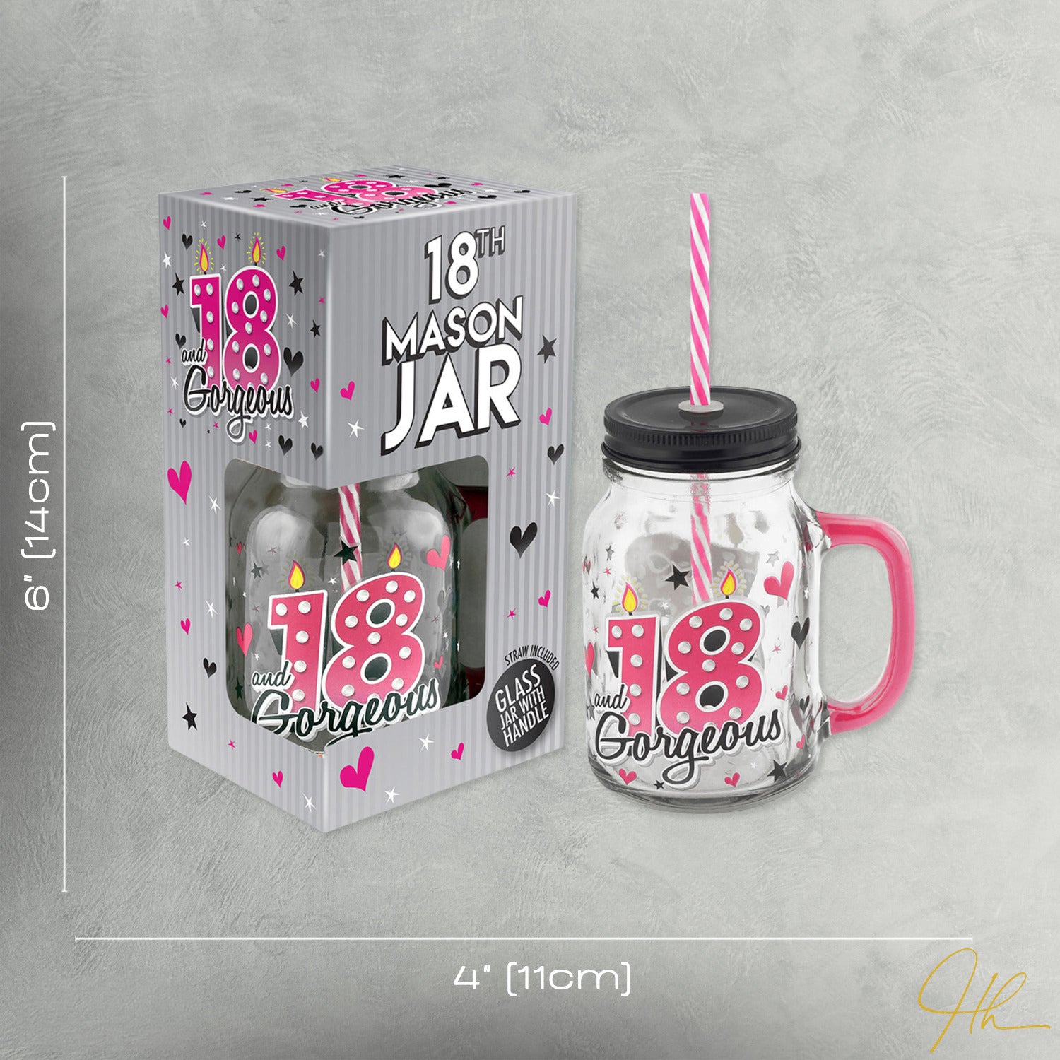 18th Birthday Mason Jar With Metal Lid Glass Handle and Pink/White Straw Image 7