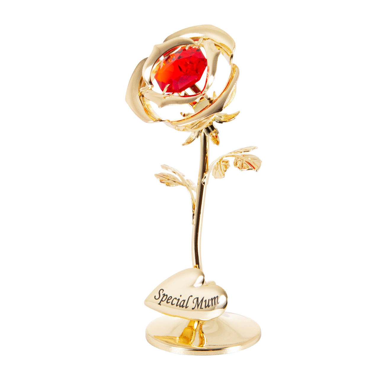 Special Mum Heart Gold Plated Petite Rose Ornament with Red Austrian Crystal Image 1