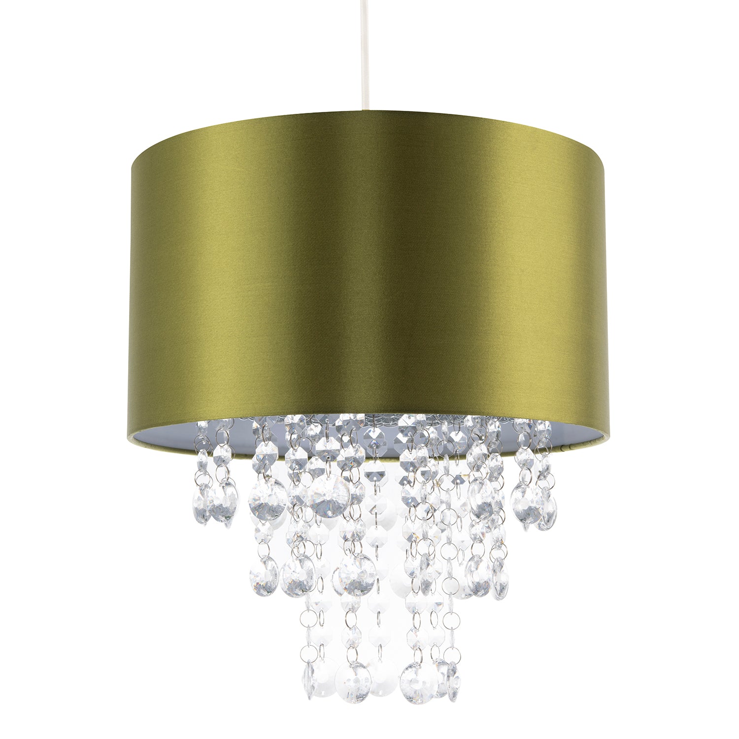 Modern Olive Green Satin Fabric Pendant Shade with Clear Acrylic Drops Image 1
