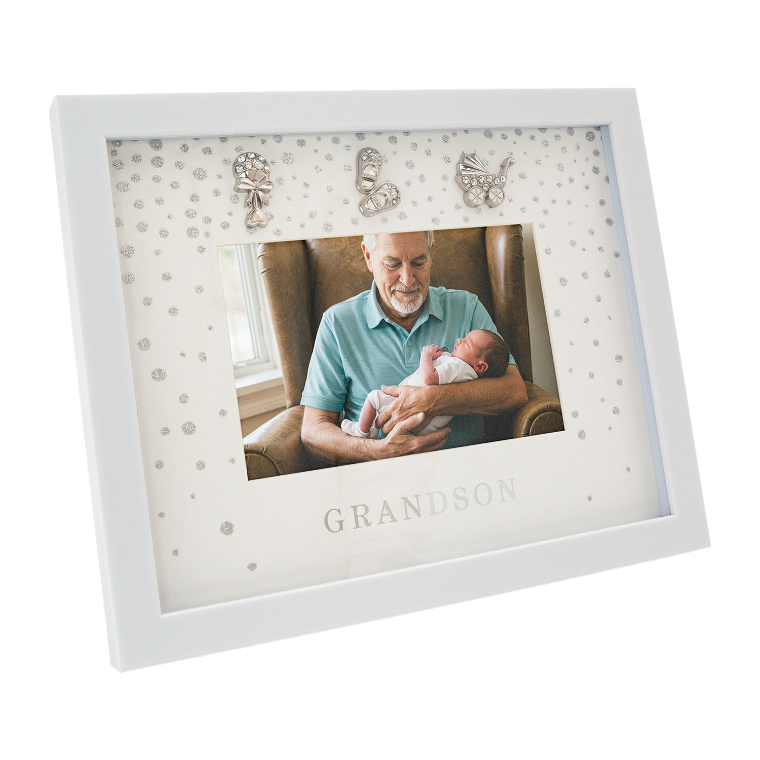 Modern Grandson 4x6 White Picture Frame with Silver Foil Falling Dots Image 2