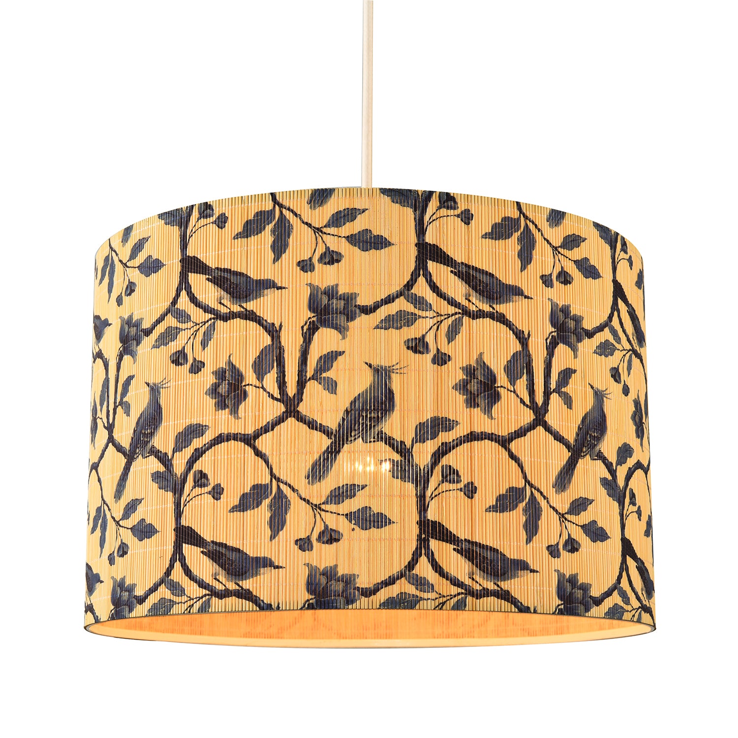 Modern Bamboo Pendant Light Shade with Blue Birds and Floral Decor Image 1