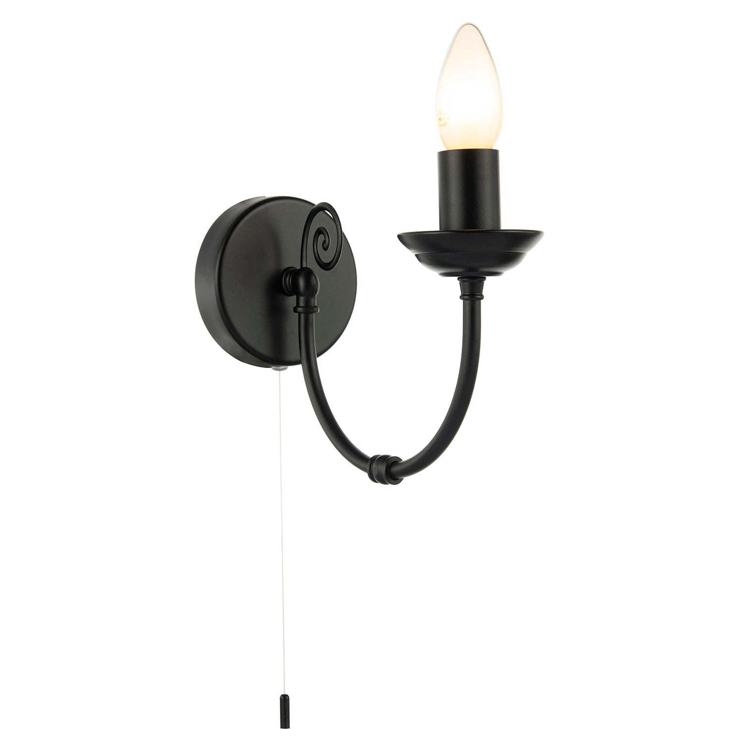 Traditional Classic Matte Black Wall Light with Spiral Finial and Looping Arm Image 2